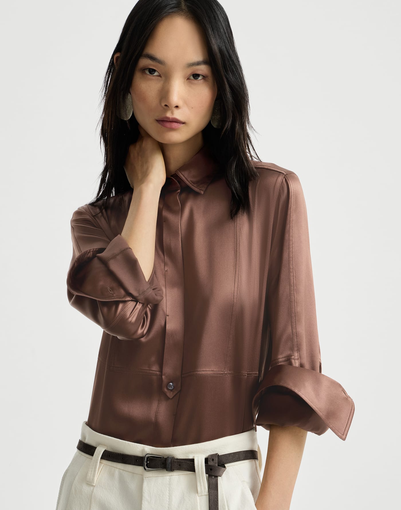Stretch silk satin shirt Brown Woman - Brunello Cucinelli