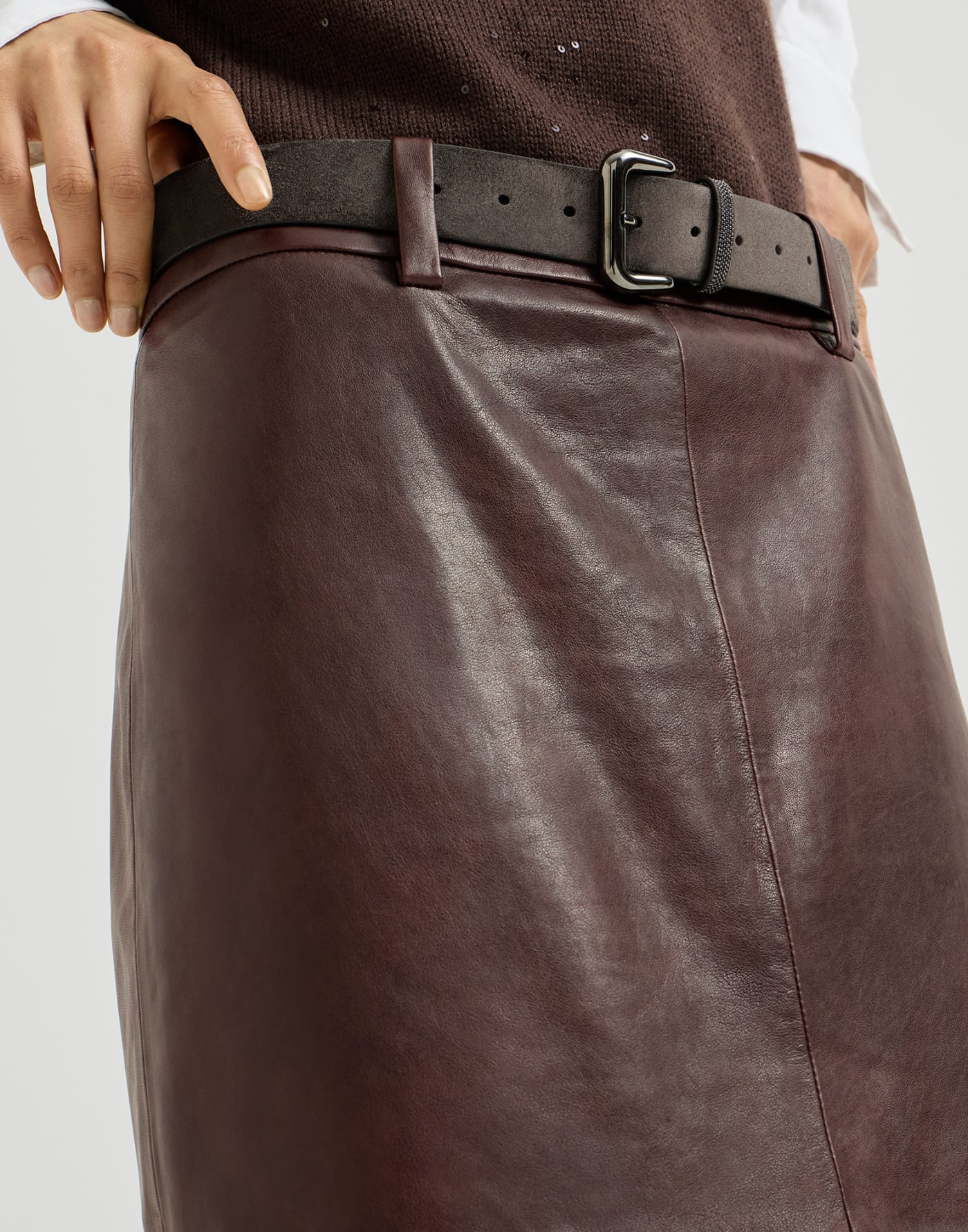 Polished nappa leather pencil skirt Burgundy Woman - Brunello Cucinelli