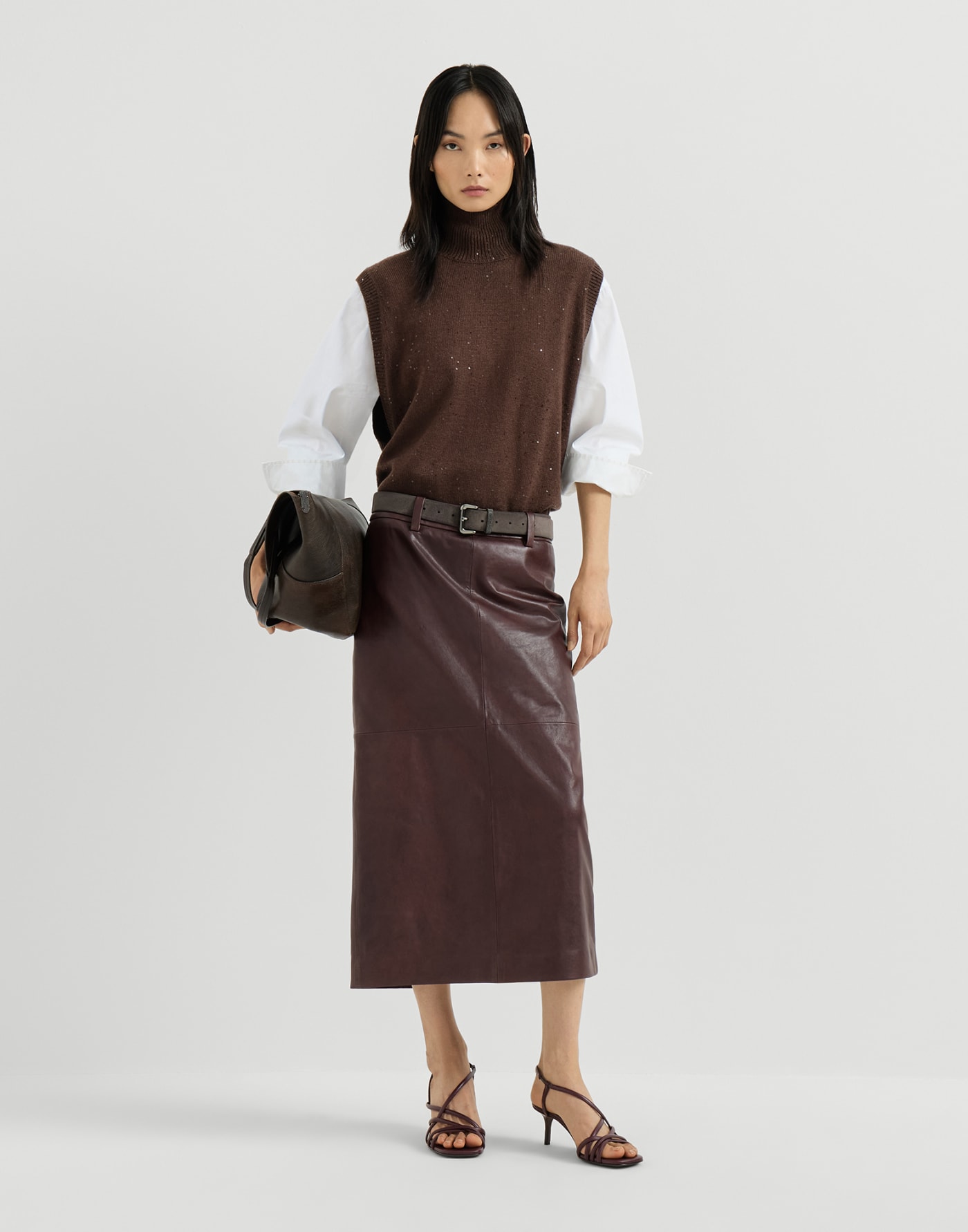 Polished nappa leather pencil skirt Burgundy Woman - Brunello Cucinelli