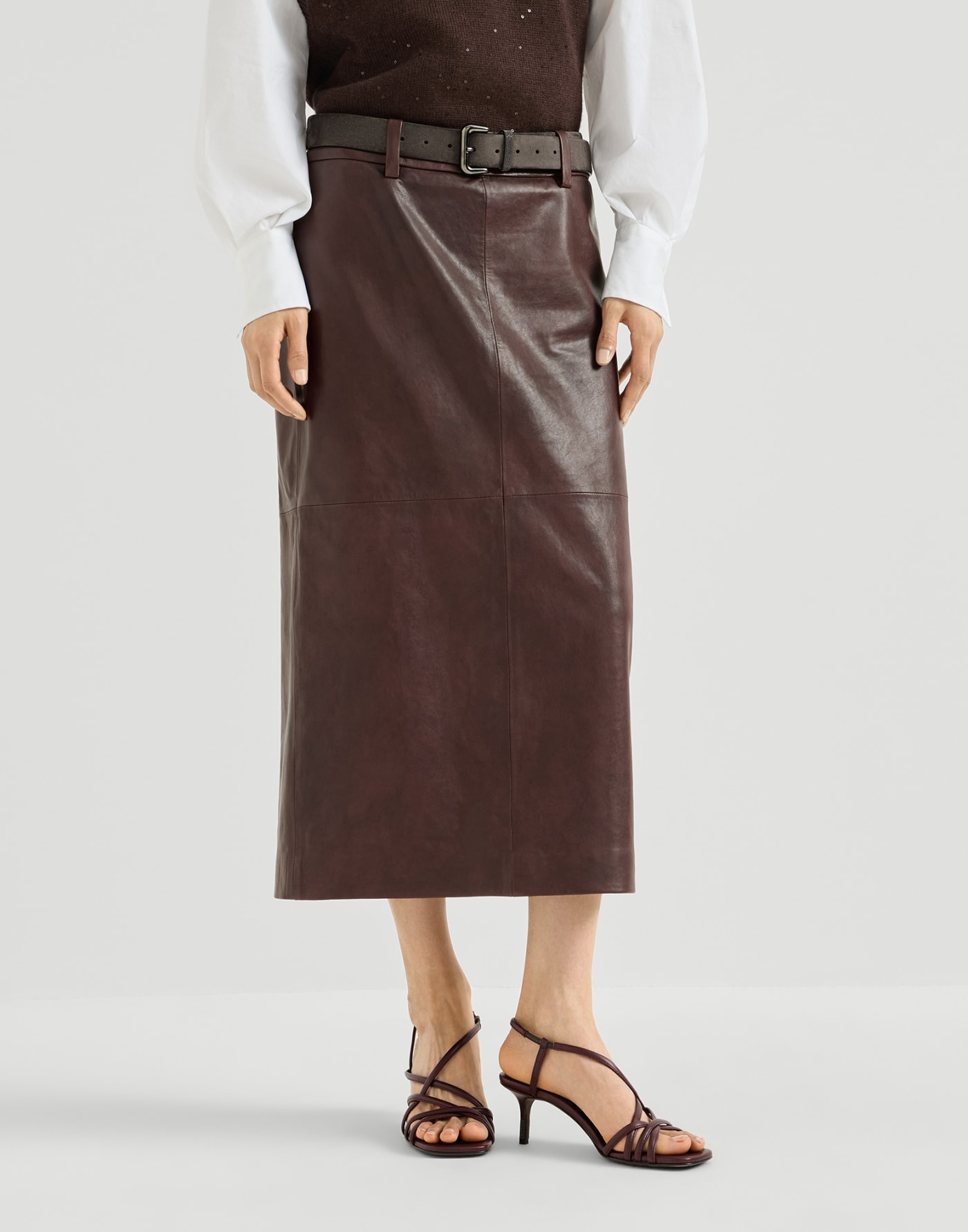 Polished nappa leather pencil skirt Burgundy Woman - Brunello Cucinelli