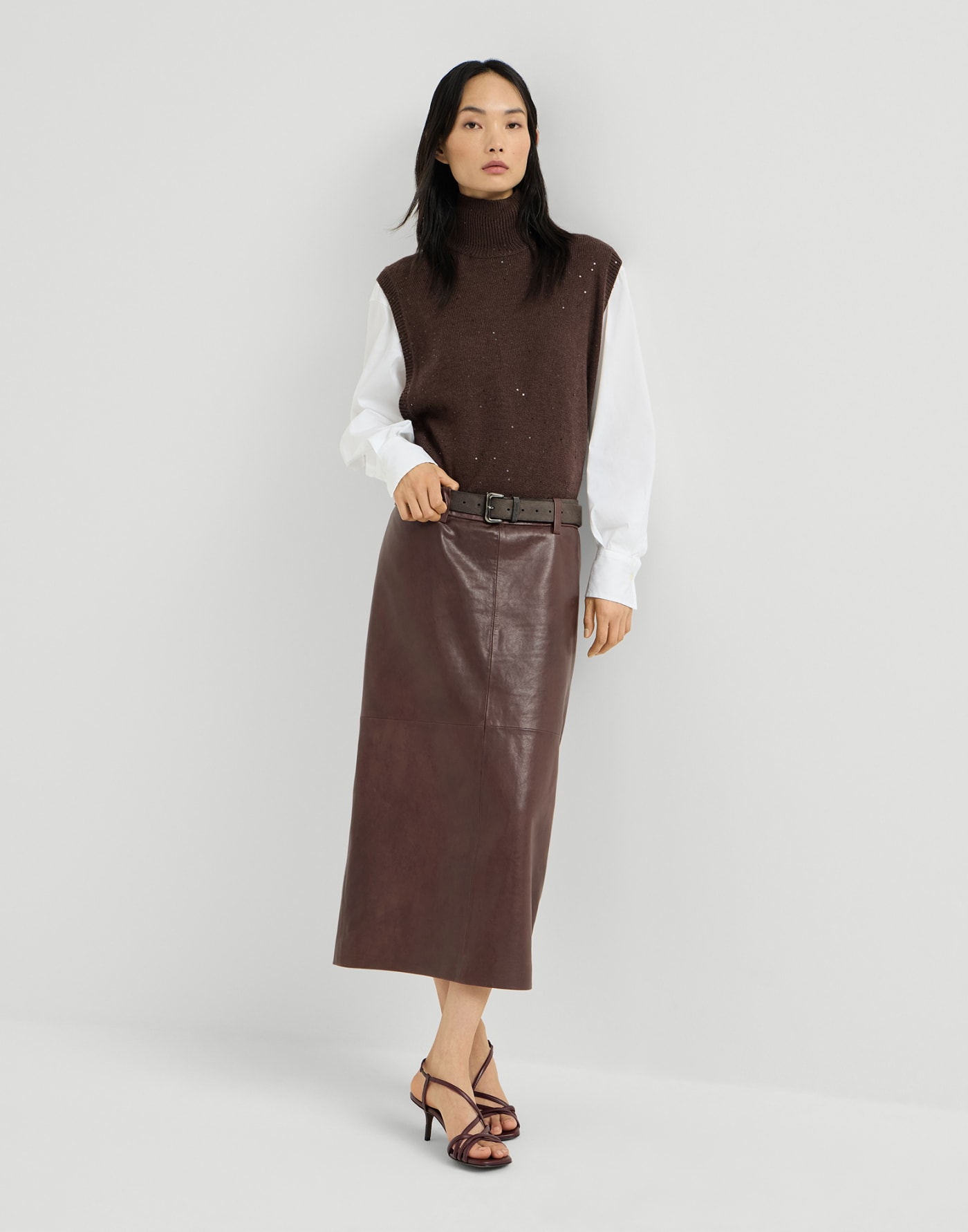 Polished nappa leather pencil skirt Burgundy Woman - Brunello Cucinelli