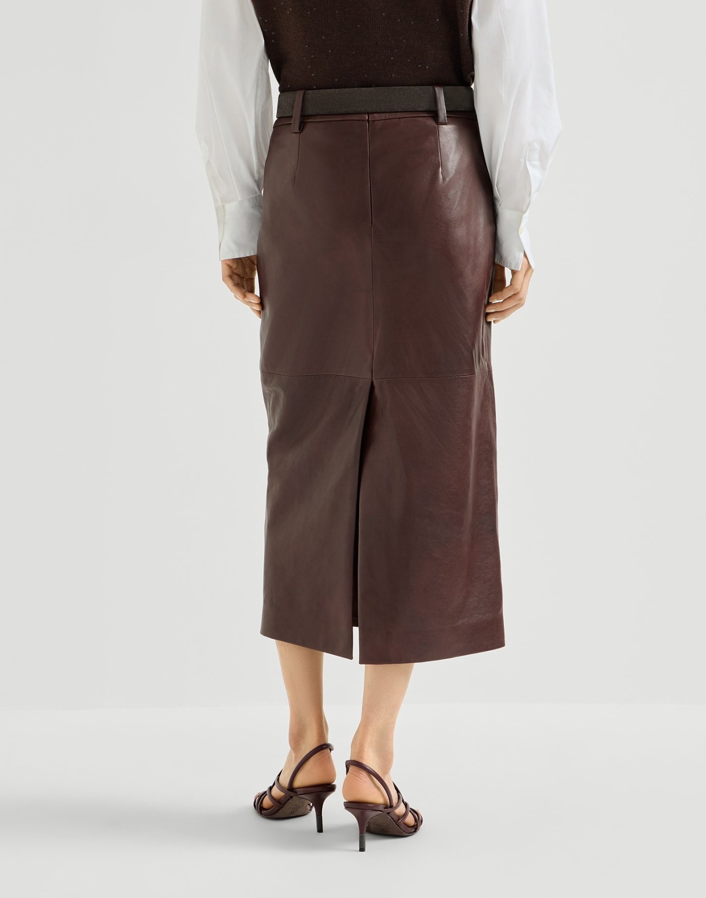 Polished nappa leather pencil skirt Burgundy Woman - Brunello Cucinelli