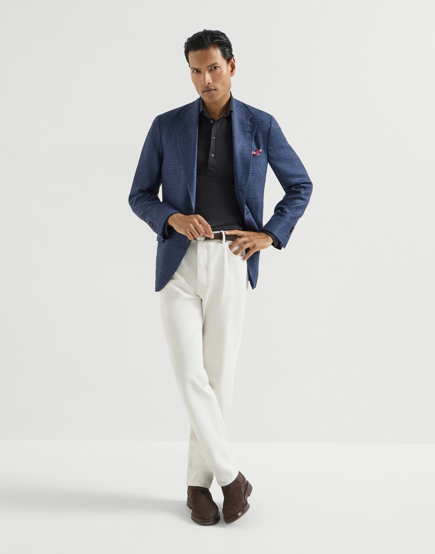 Lightweight jersey long sleeve polo Navy Blue Man - Brunello Cucinelli