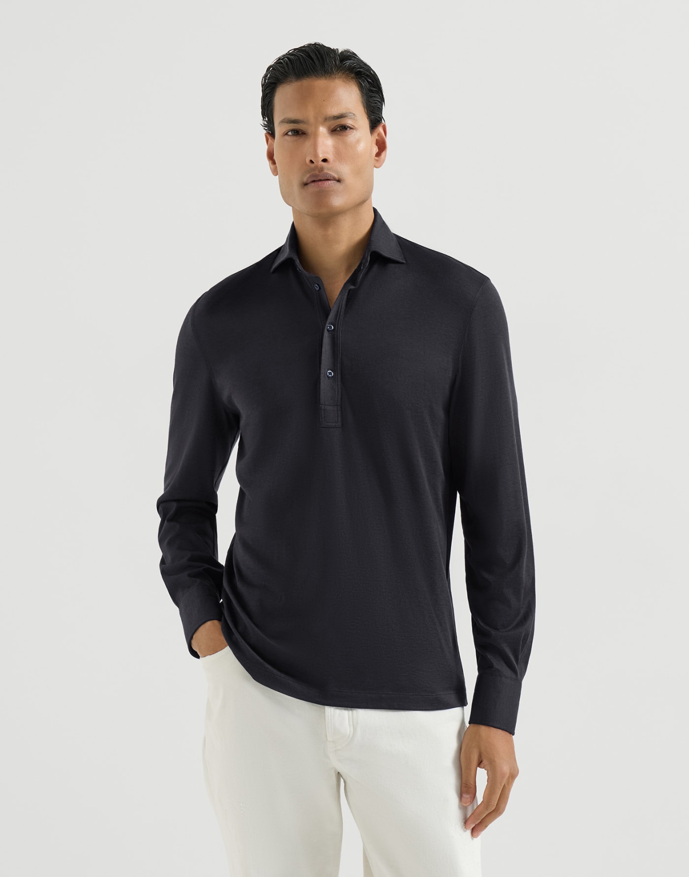 Lightweight jersey long sleeve polo Navy Blue Man - Brunello Cucinelli