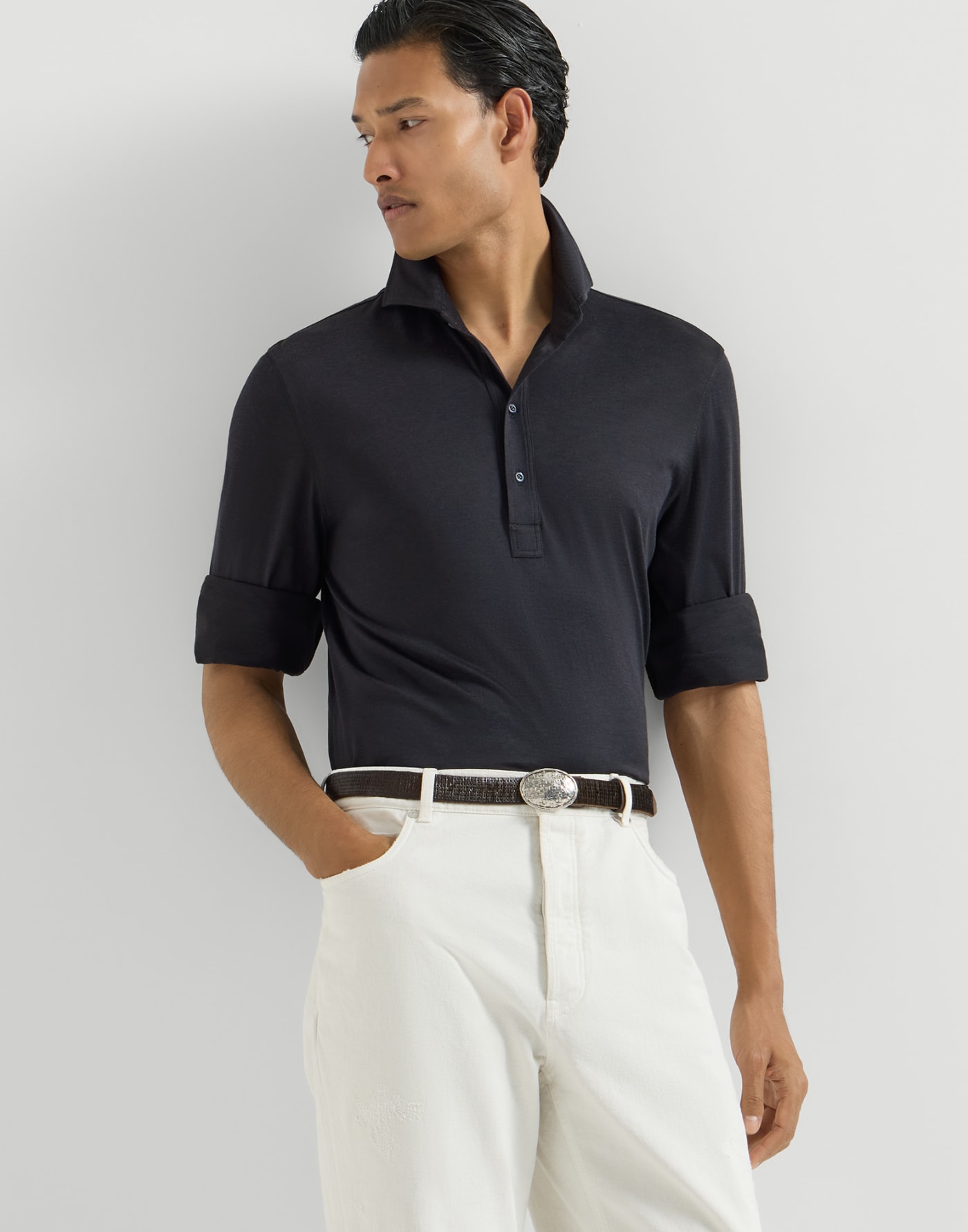 Lightweight jersey long sleeve polo Navy Blue Man - Brunello Cucinelli
