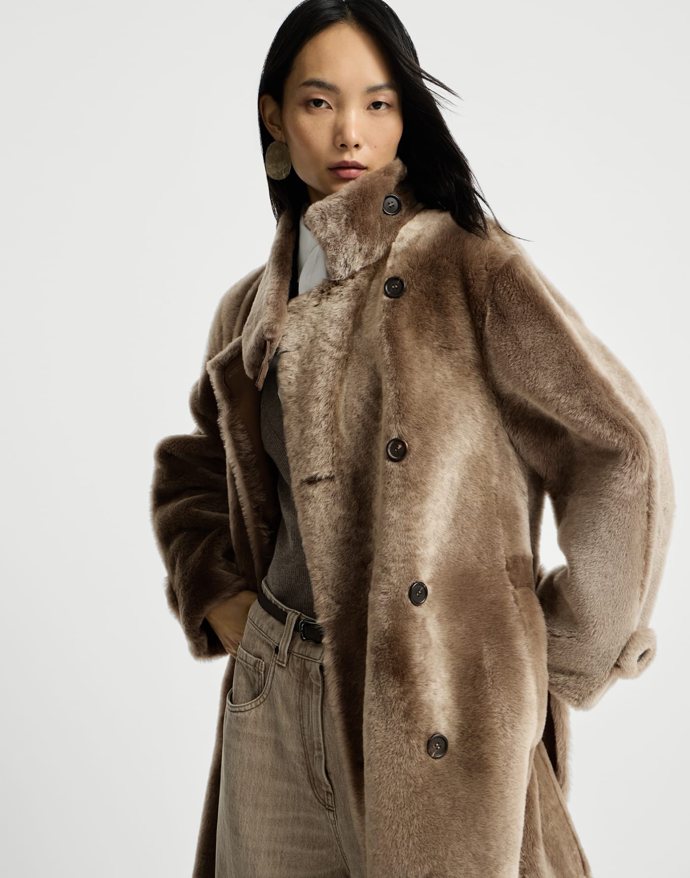 Shearling coat with belt Light Brown Woman - Brunello Cucinelli