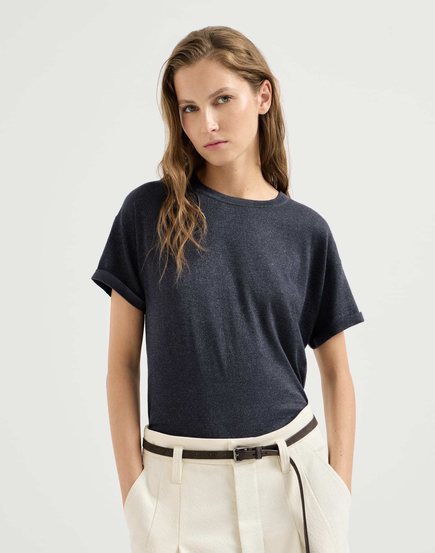 Cashmere and silk knit T-shirt Blue Woman - Brunello Cucinelli