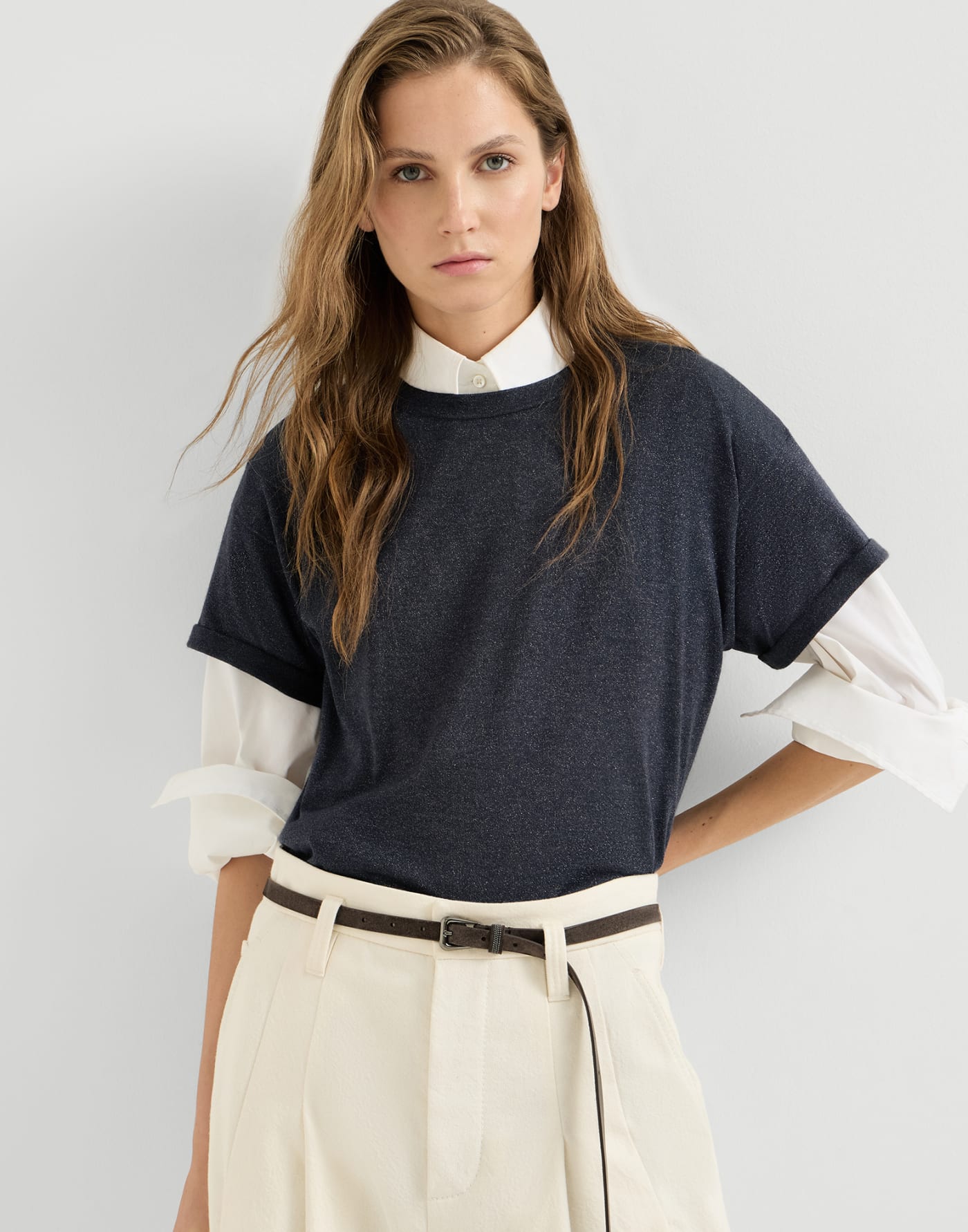 Cashmere and silk knit T-shirt Blue Woman - Brunello Cucinelli