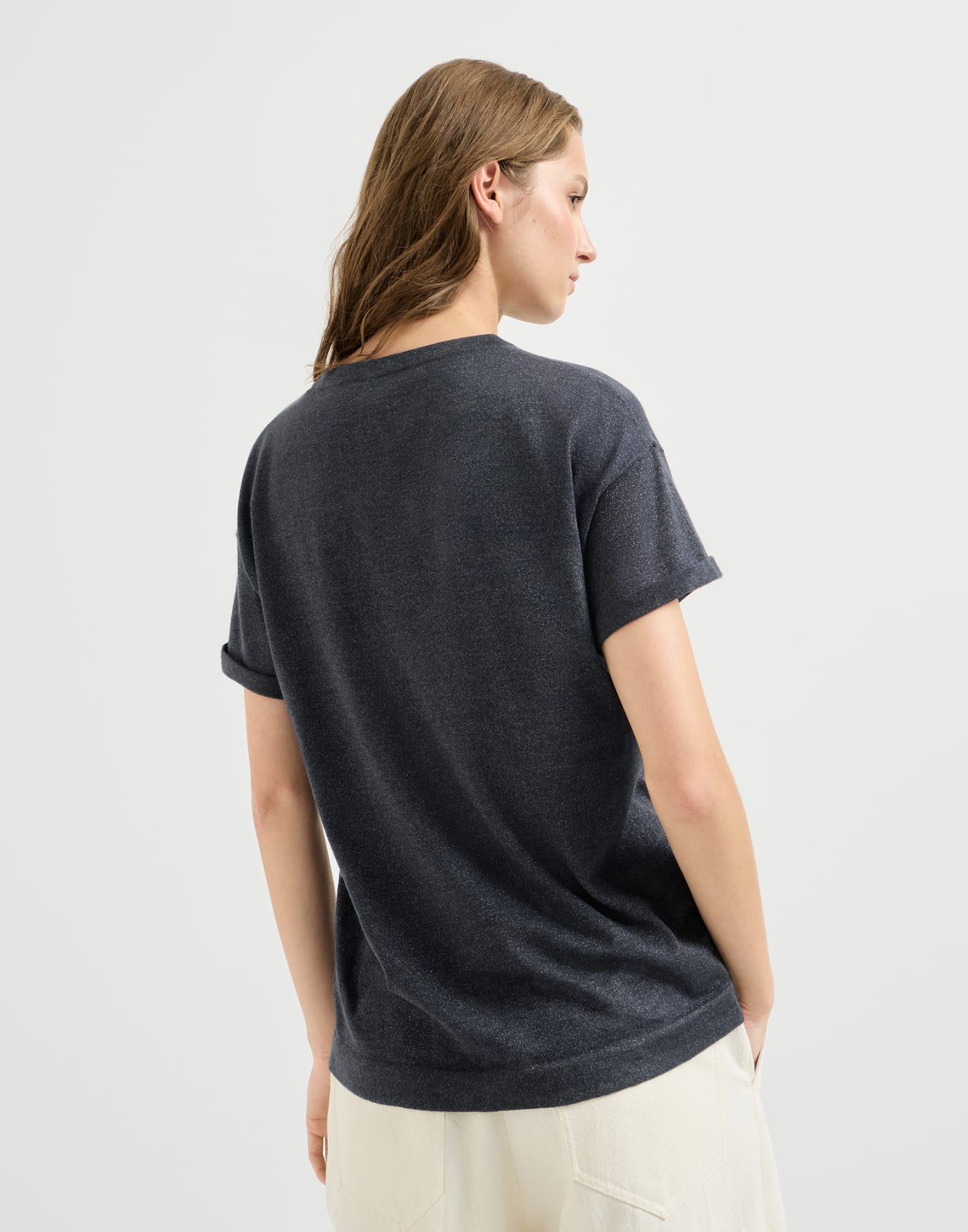 Cashmere and silk knit T-shirt Blue Woman - Brunello Cucinelli