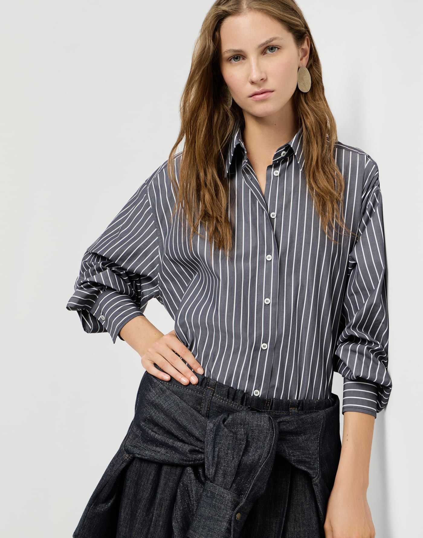 Striped poplin shirt Denim Woman - Brunello Cucinelli