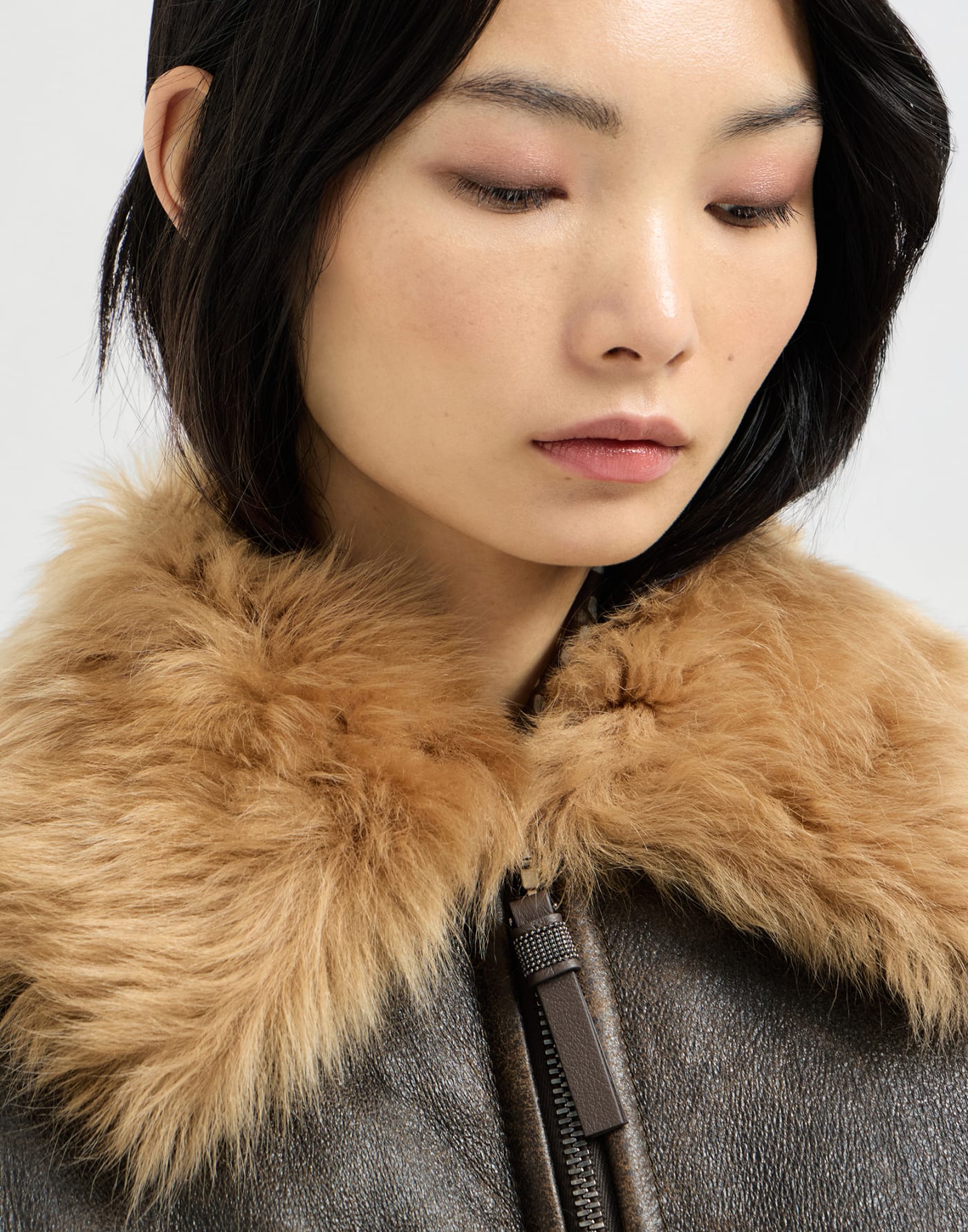 Vintage-effect shearling bomber jacket Hazelnut Woman - Brunello Cucinelli