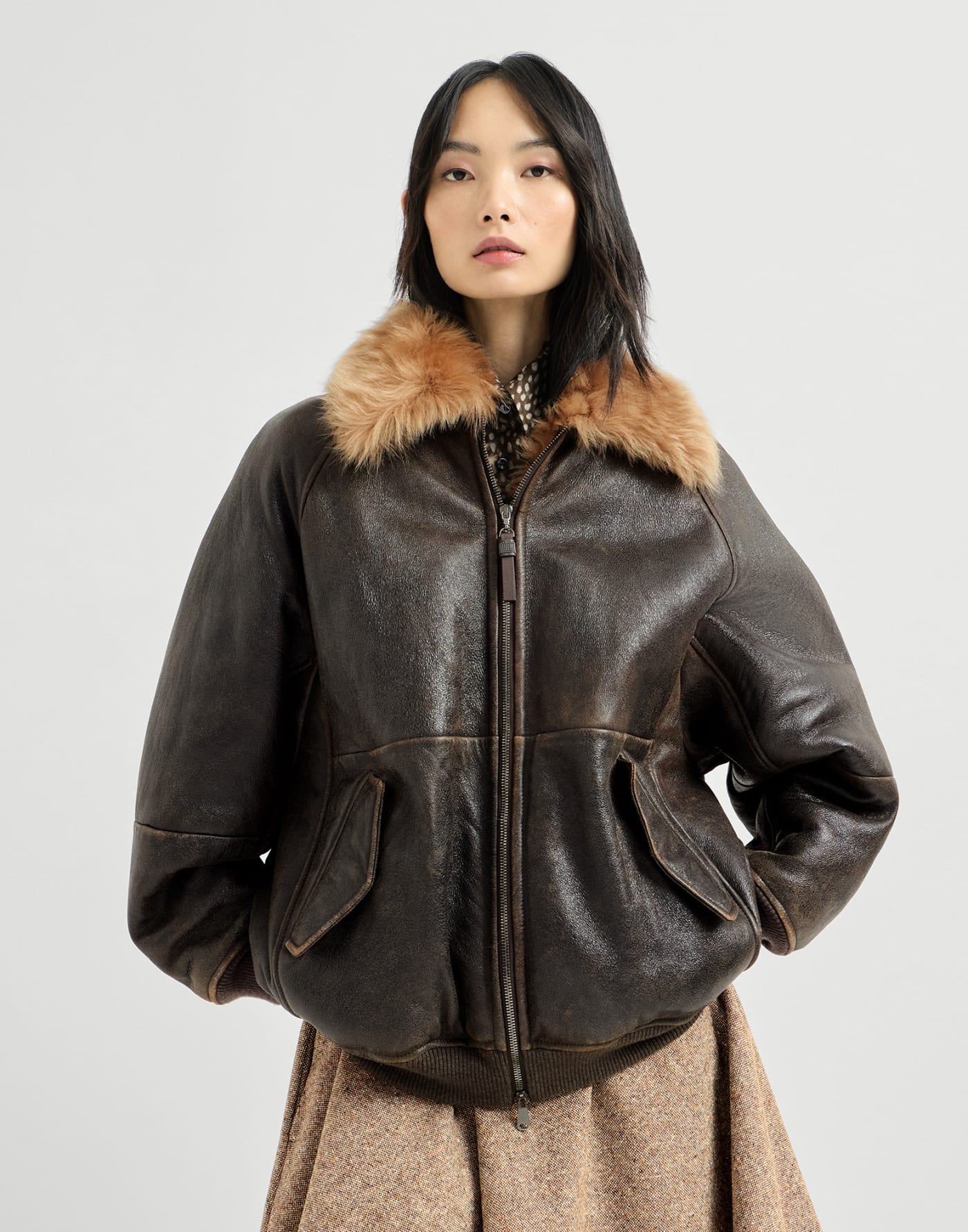 Vintage-effect shearling bomber jacket Hazelnut Woman - Brunello Cucinelli