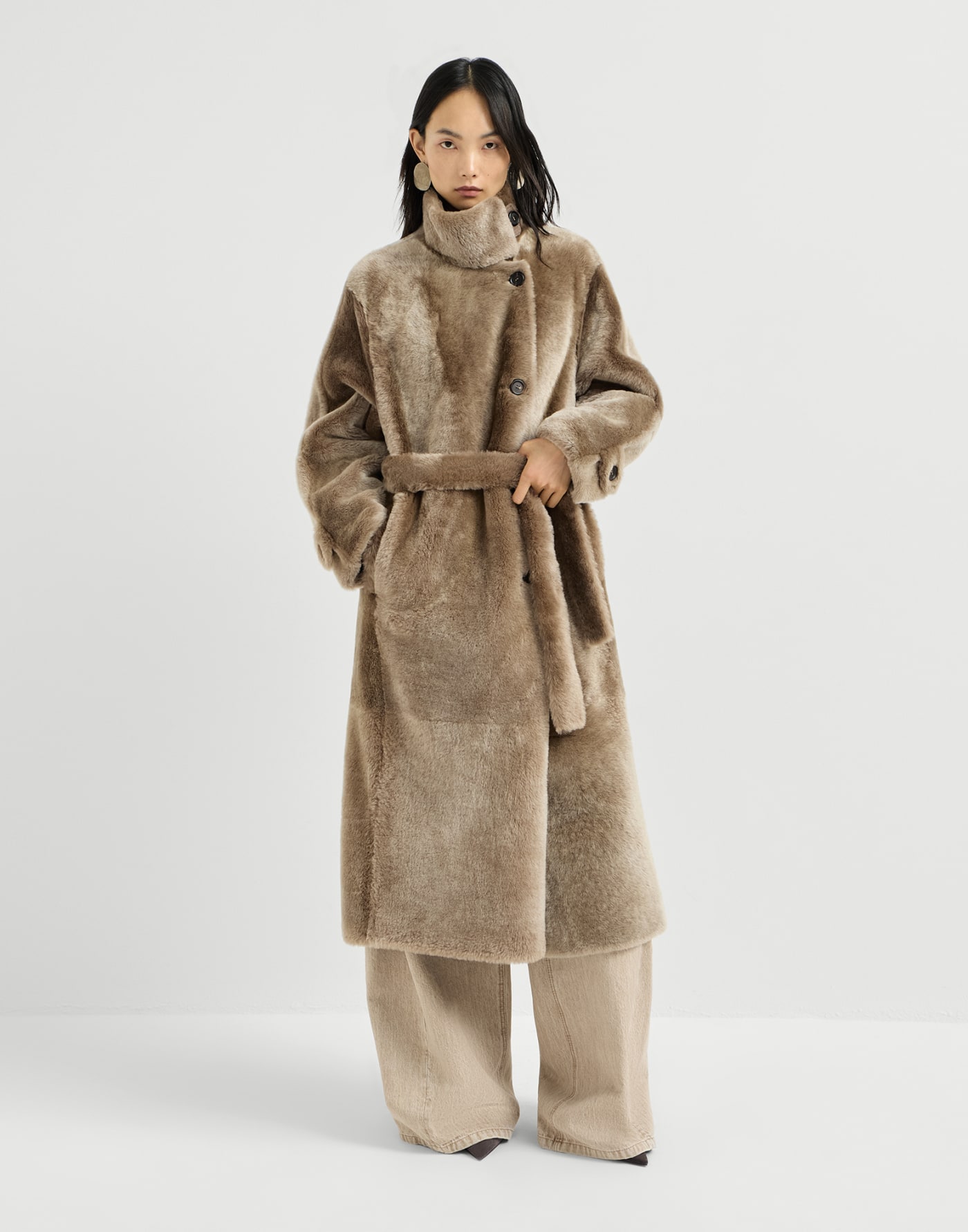 Shearling coat with belt Light Brown Woman - Brunello Cucinelli