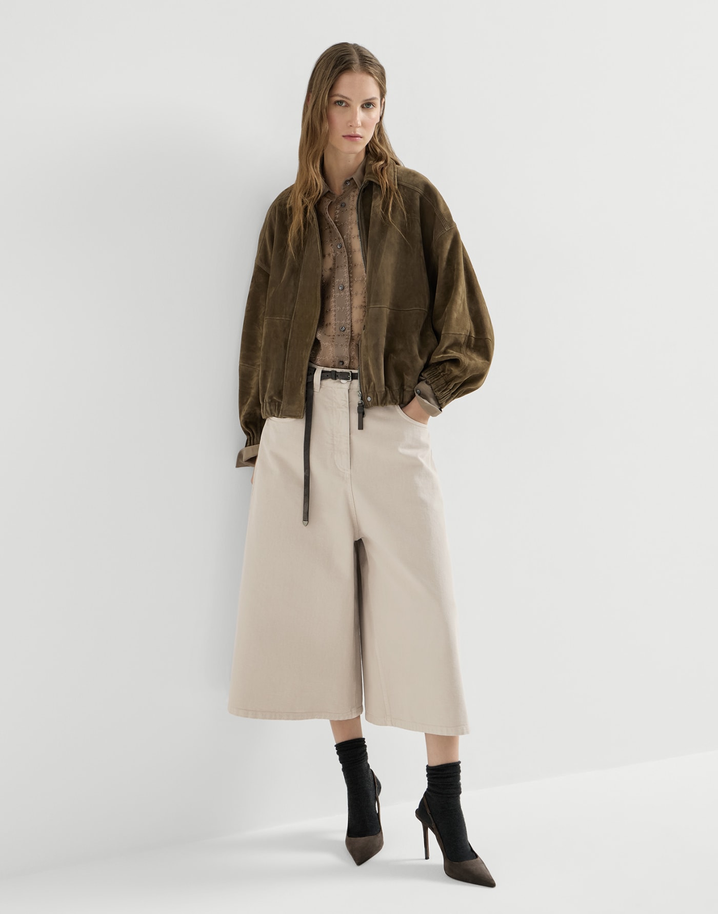 Wide cropped trousers Sand Woman - Brunello Cucinelli
