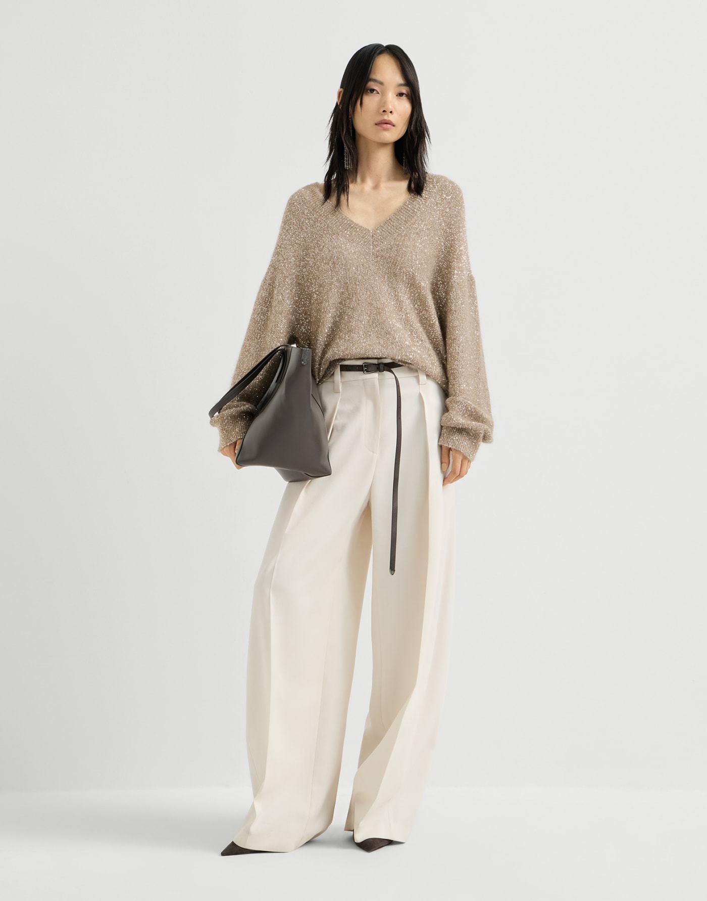 Mohair and wool dazzling texture sweater Light Brown Woman - Brunello Cucinelli