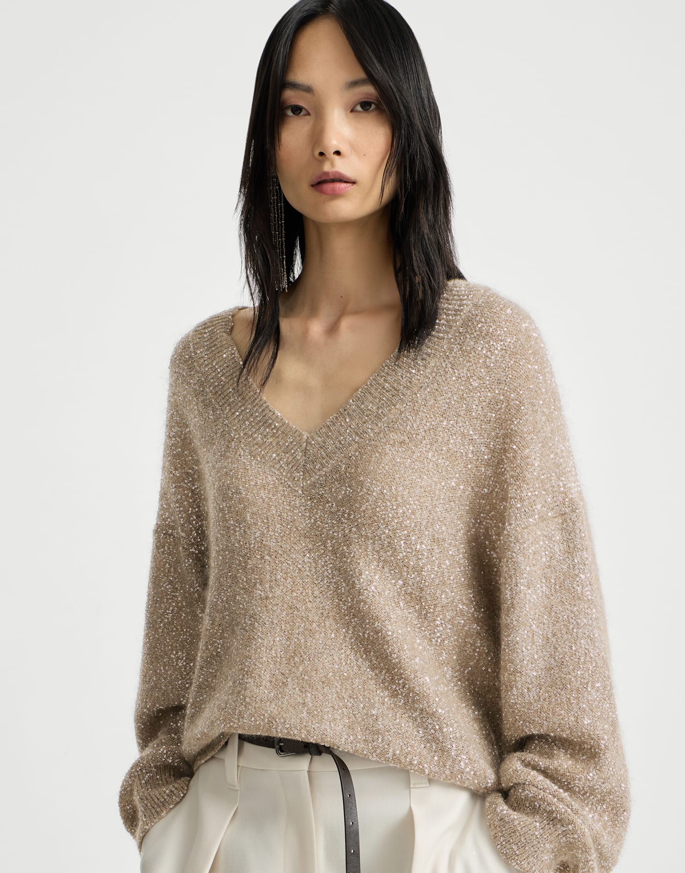 Mohair and wool dazzling texture sweater Light Brown Woman - Brunello Cucinelli