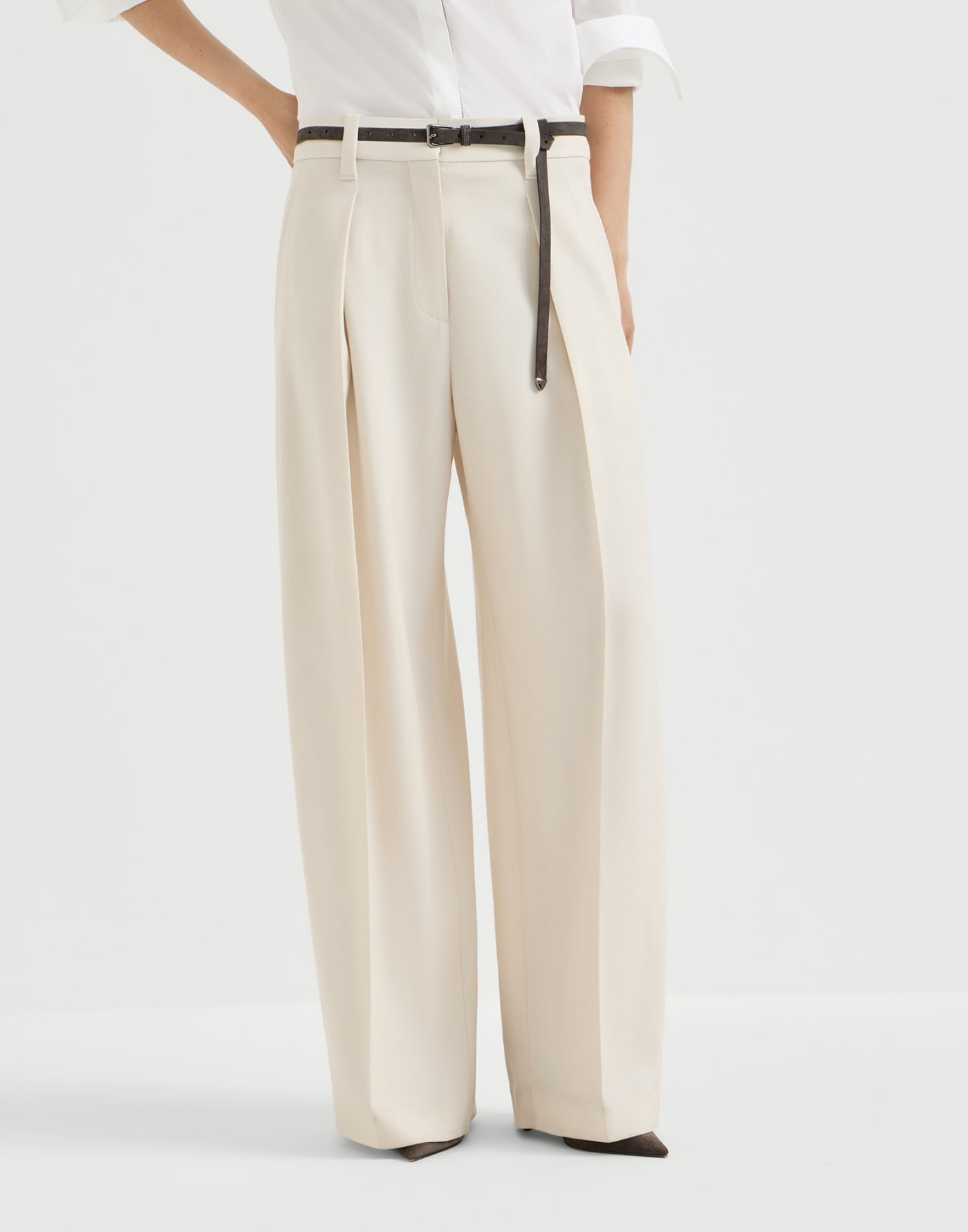 Pantalone Pleated Barrel Latte Donna - Brunello Cucinelli