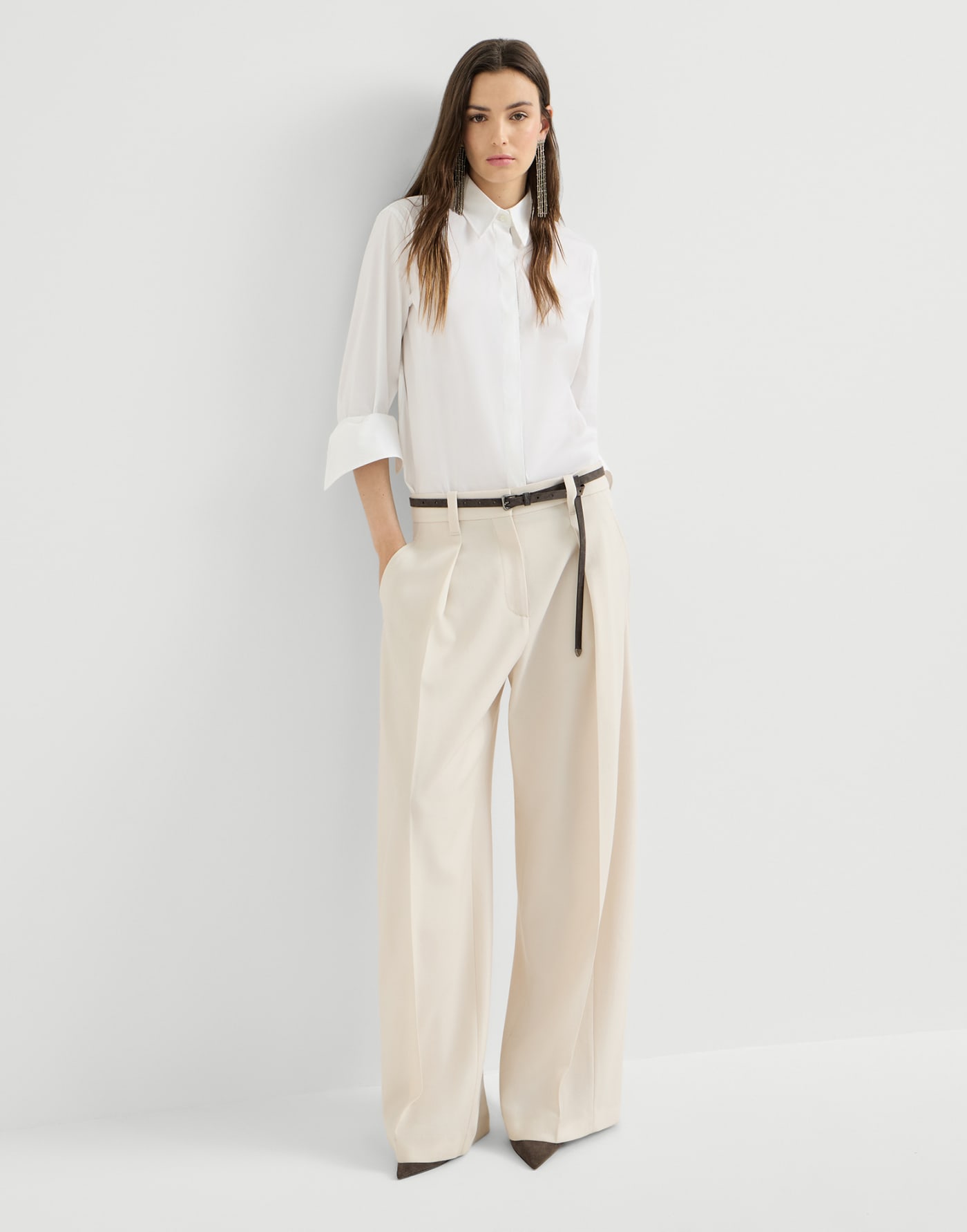 Pantalone Pleated Barrel Latte Donna - Brunello Cucinelli