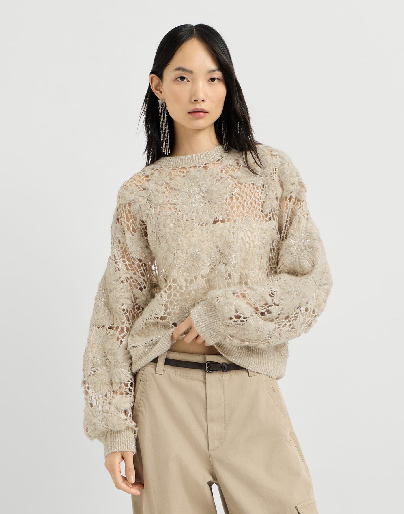 Whispering bloom embroidery sweater Sand Woman - Brunello Cucinelli