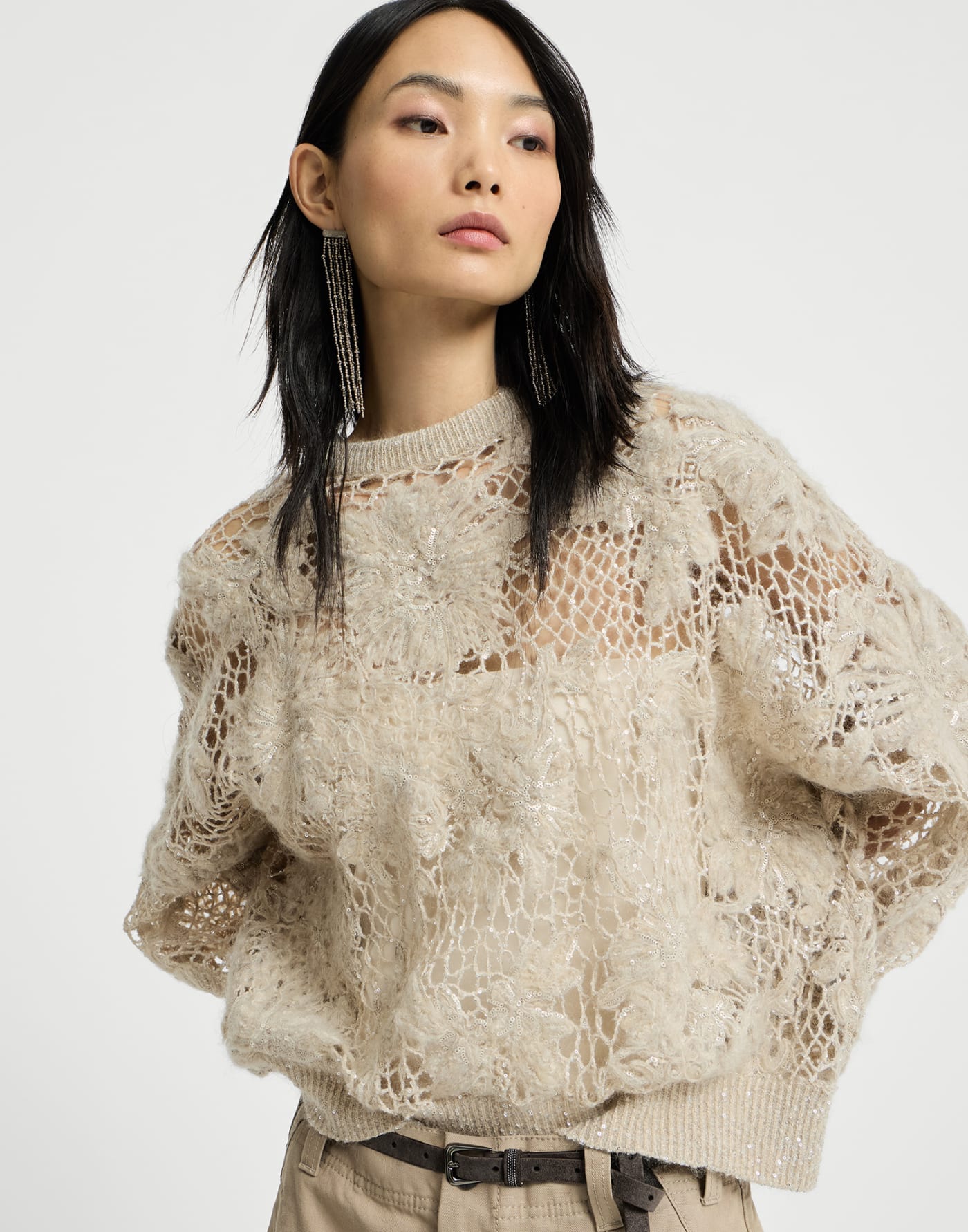 Whispering bloom embroidery sweater Sand Woman - Brunello Cucinelli