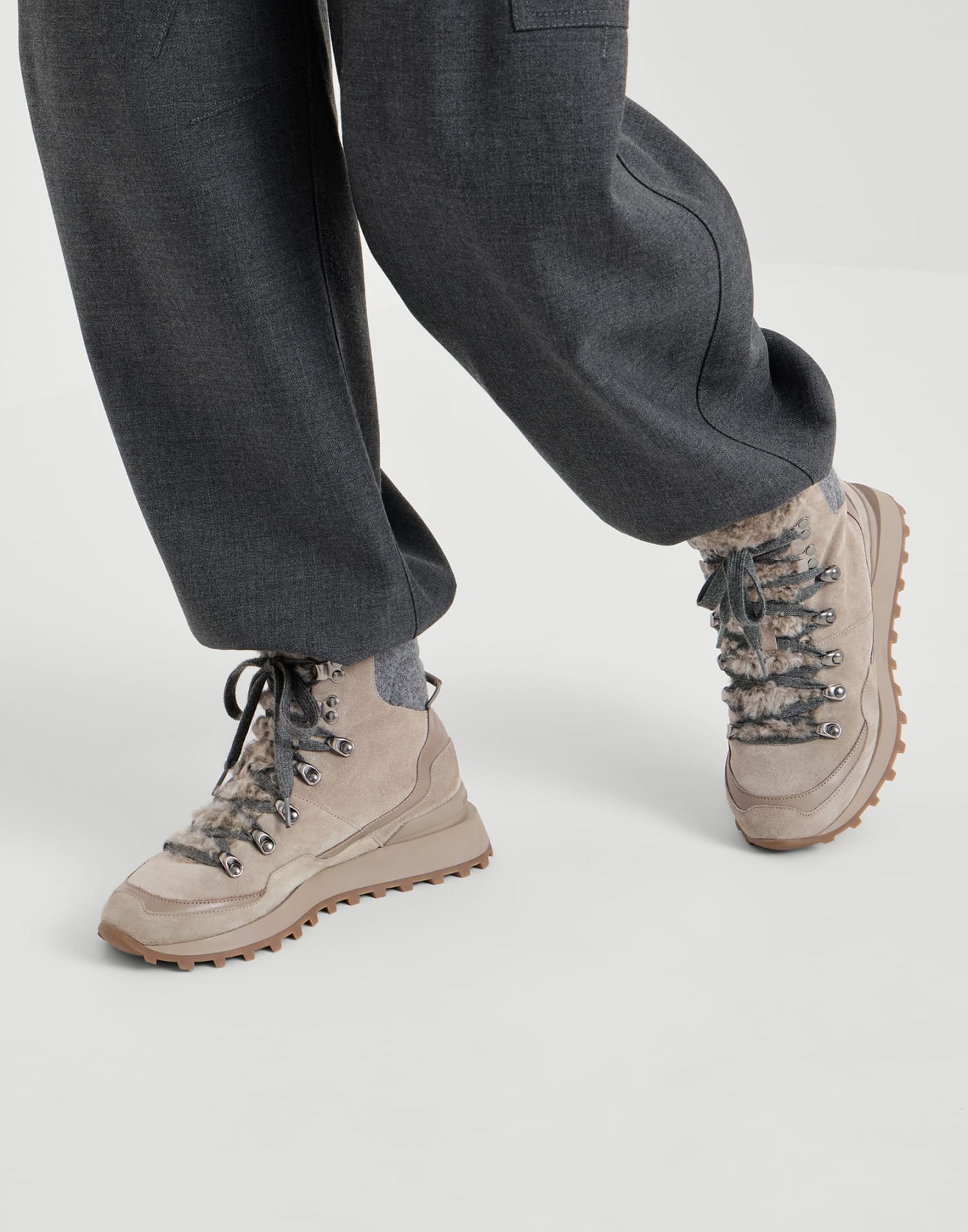 Runners en daim, maille et peau de mouton Gris Clair Femme - Brunello Cucinelli