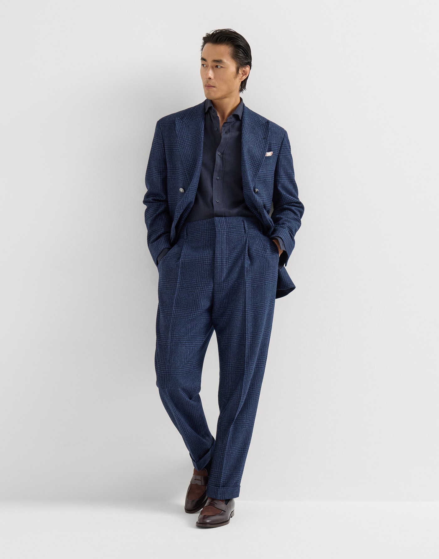 鱼骨纹法兰绒衬衫 海军蓝 男款 - Brunello Cucinelli