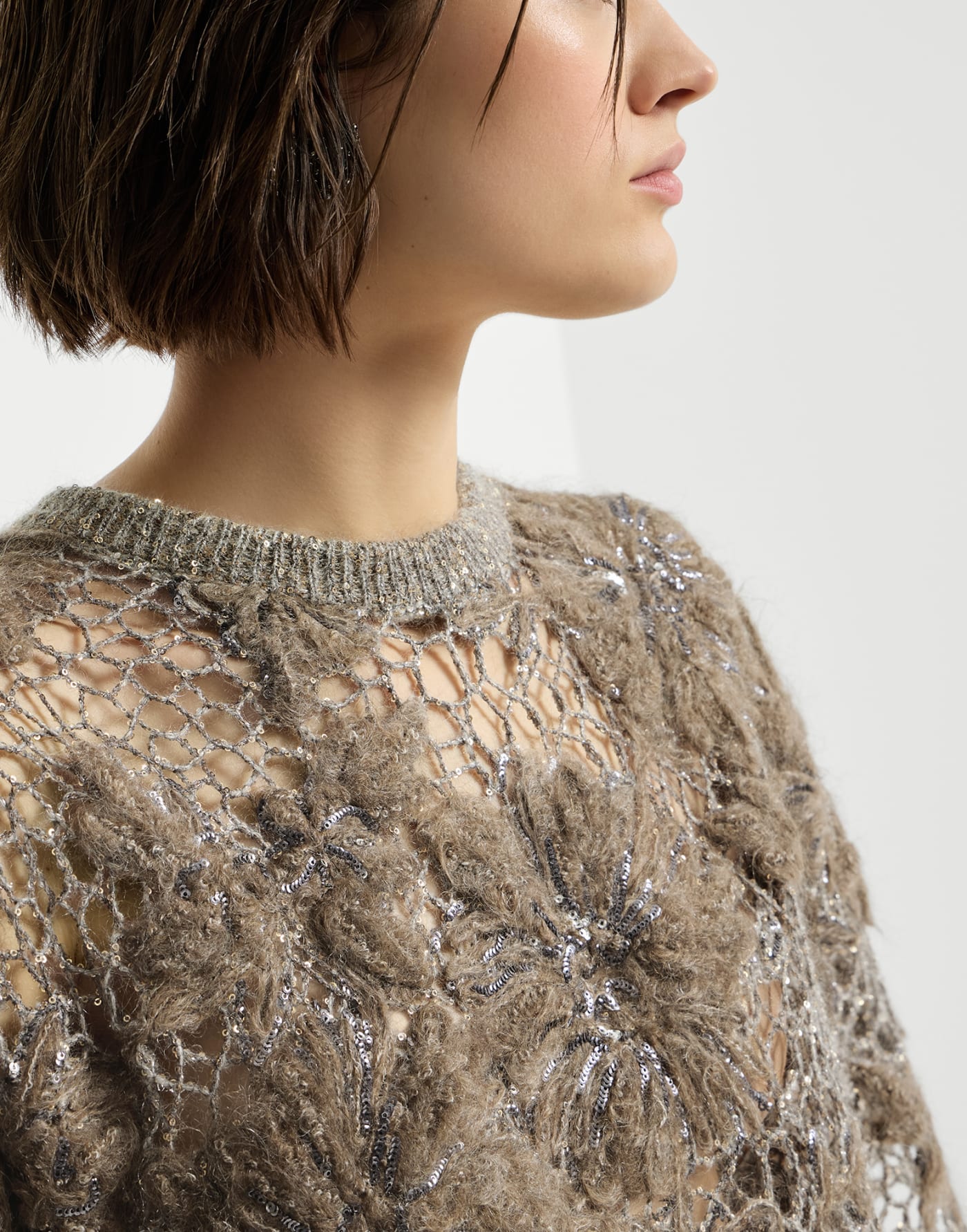 Whispering Bloom Embroidery T-shirt Pine Cone Brown Woman - Brunello Cucinelli