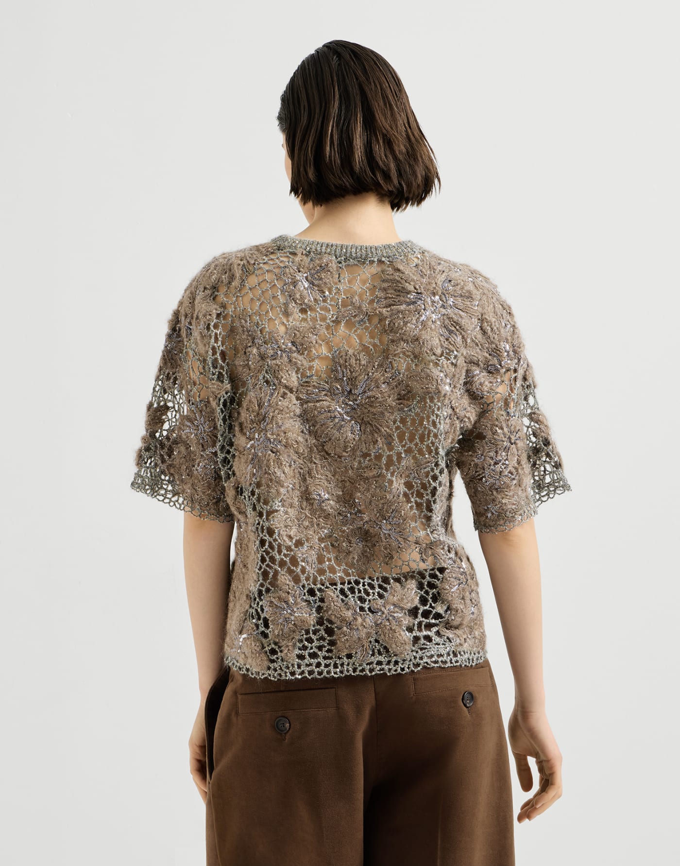 Whispering Bloom Embroidery T-shirt Pine Cone Brown Woman - Brunello Cucinelli