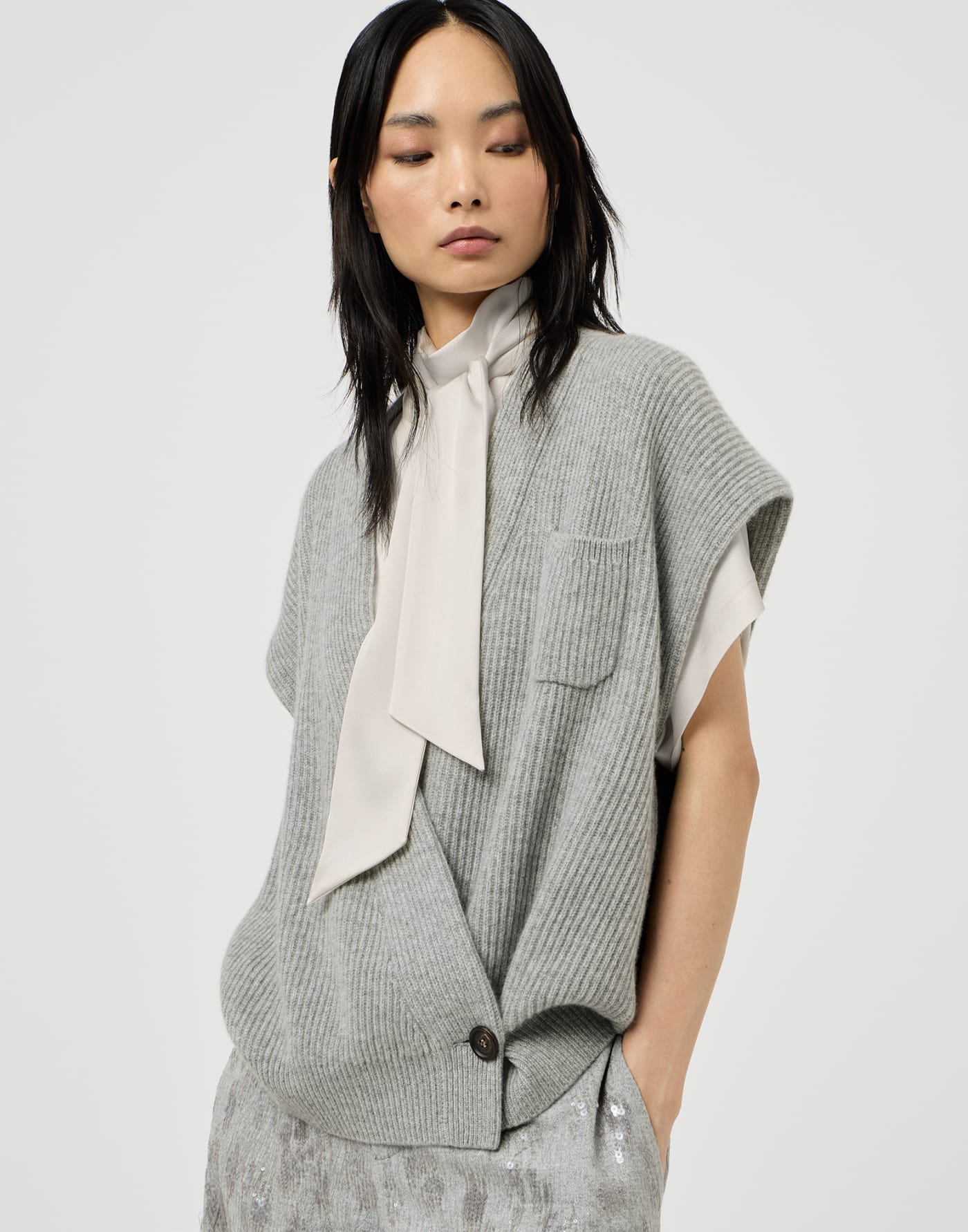 Cashmere rib wrap cardigan Grey Woman - Brunello Cucinelli