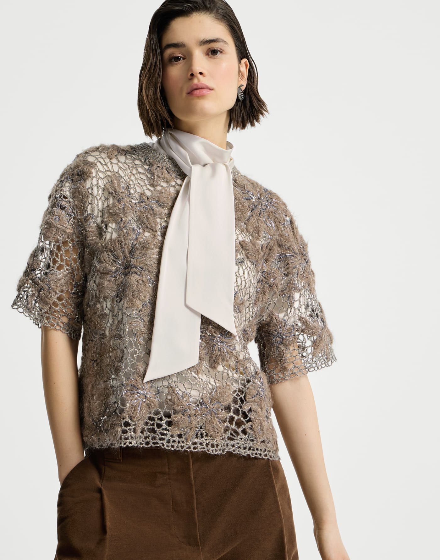 Whispering Bloom Embroidery T-shirt Pine Cone Brown Woman - Brunello Cucinelli