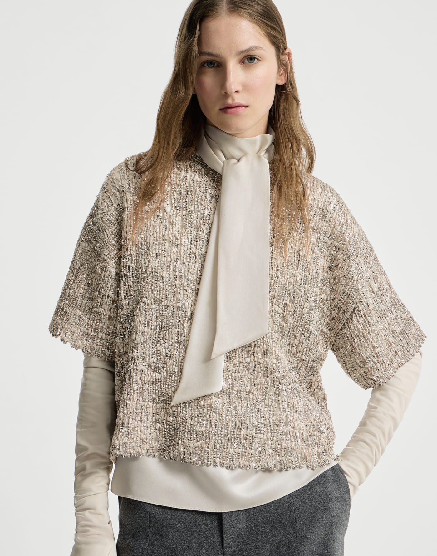 Dazzling Craquelé Embroidery T-shirt Silver Woman - Brunello Cucinelli
