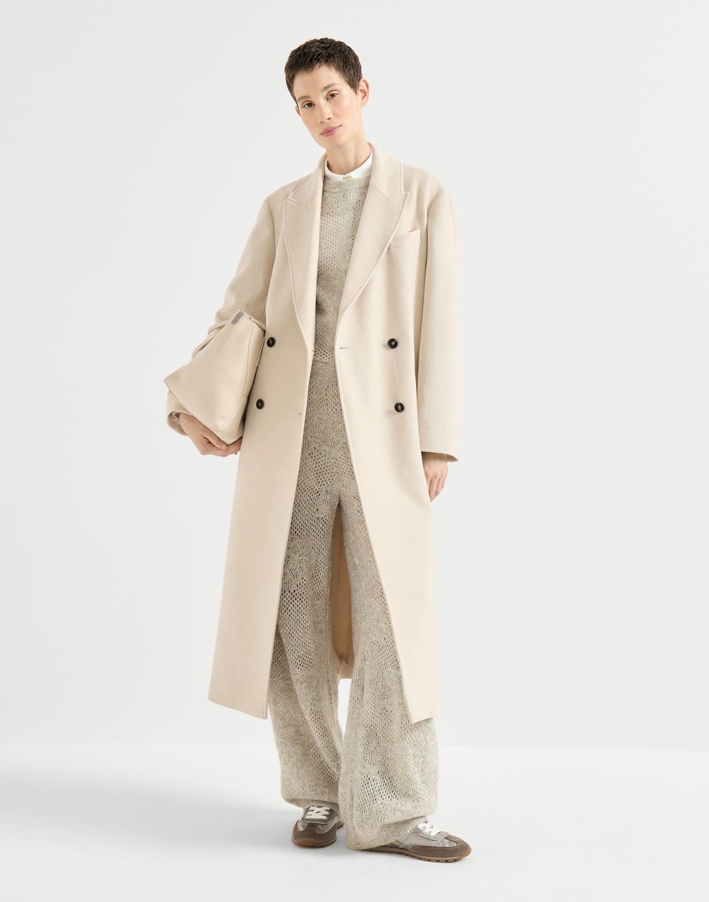 Cashmere coat with belt and monili Beige Woman - Brunello Cucinelli