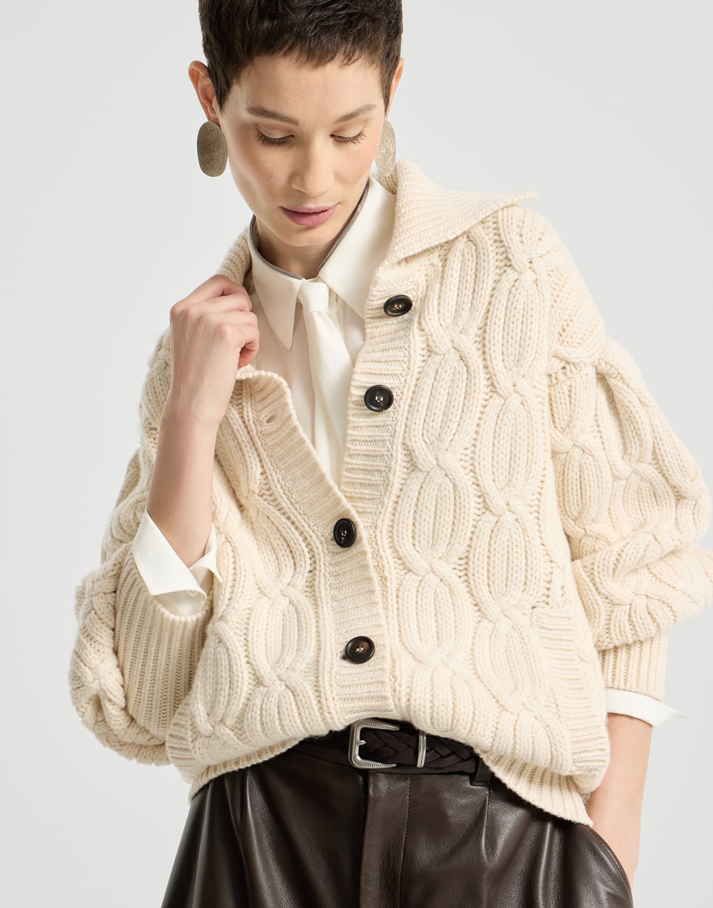 Cashmere feather yarn heritage cable cardigan Butter Woman - Brunello Cucinelli