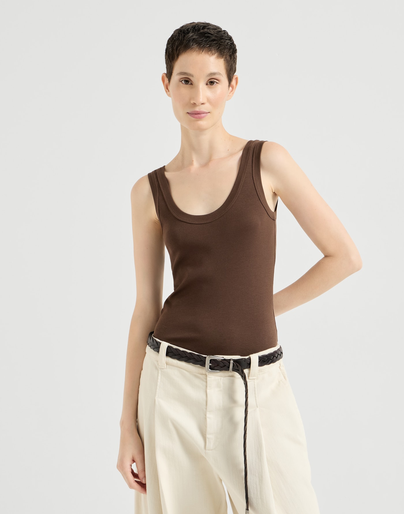 Ribbed jersey top with monili Brown Woman - Brunello Cucinelli