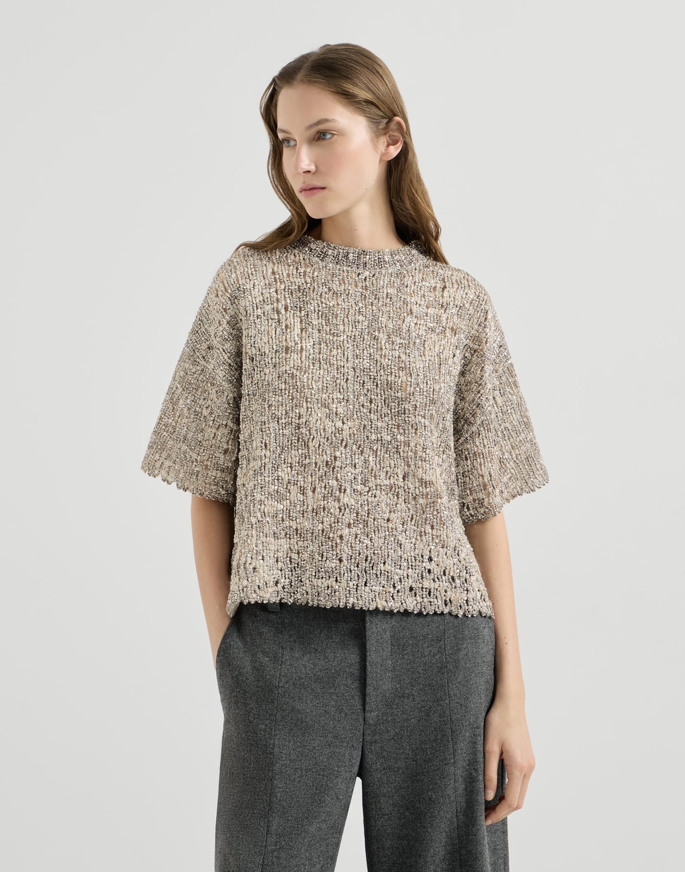Dazzling Craquelé Embroidery T-shirt Silver Woman - Brunello Cucinelli