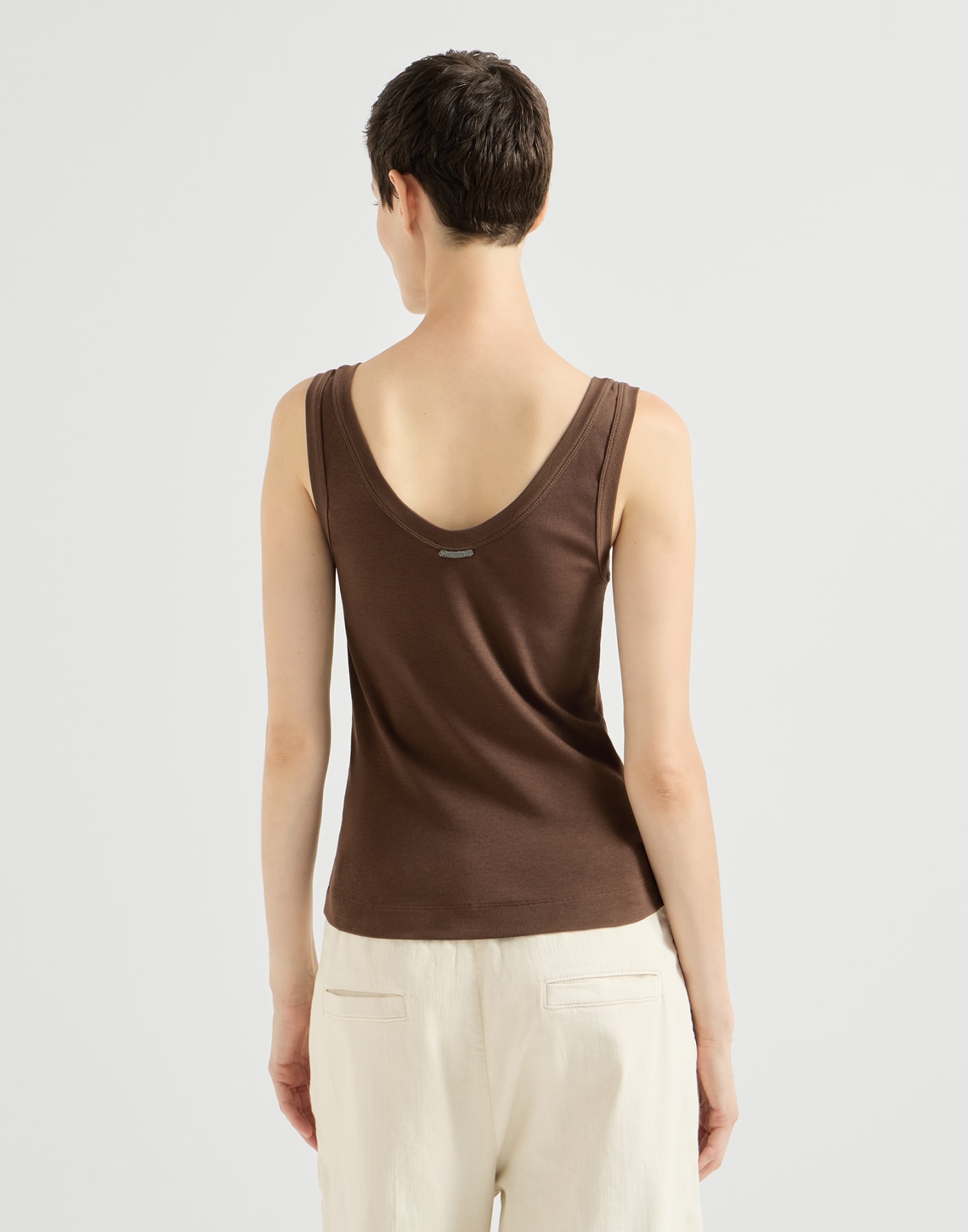 Ribbed jersey top with monili Brown Woman - Brunello Cucinelli