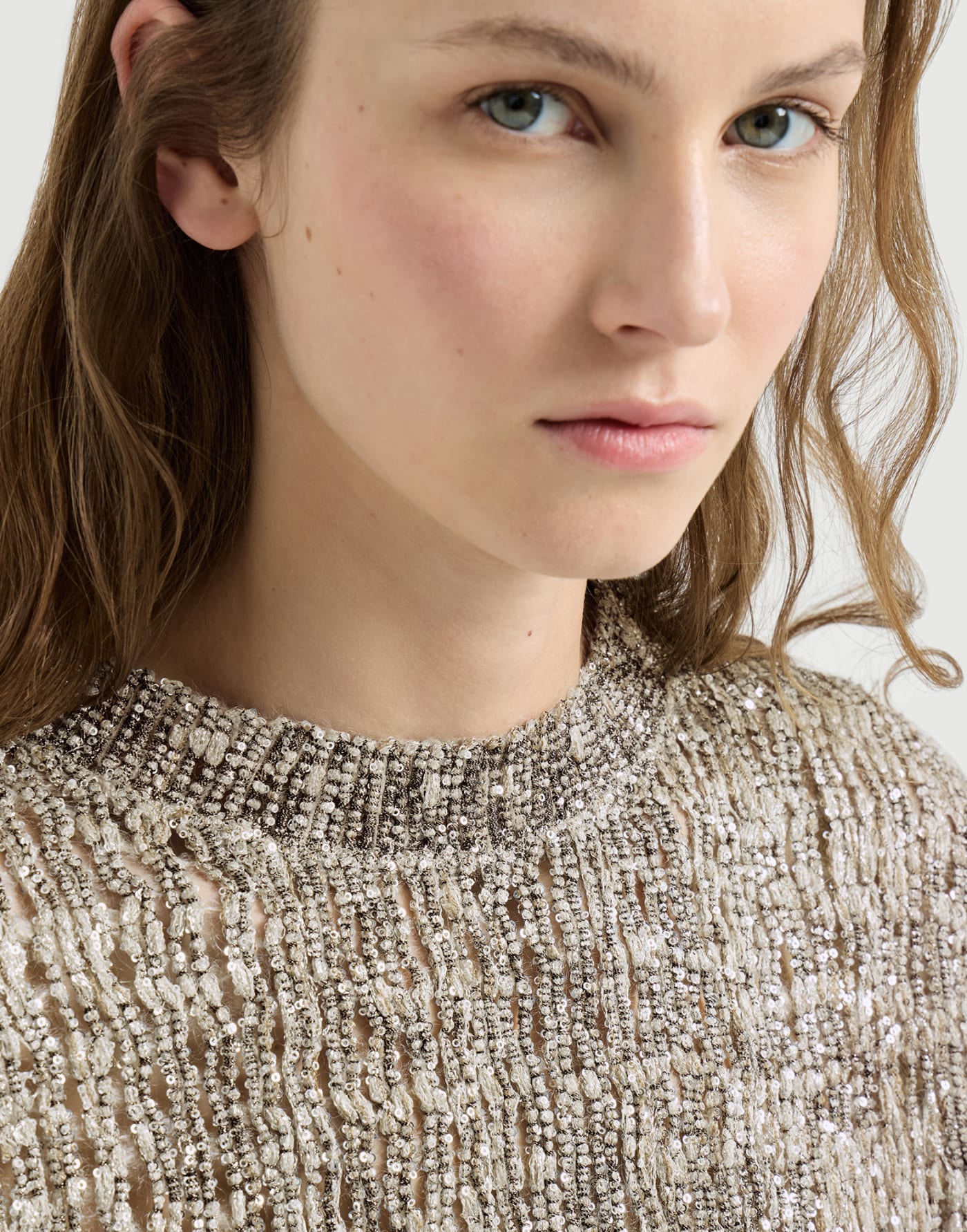 Dazzling Craquelé Embroidery T-shirt Silver Woman - Brunello Cucinelli