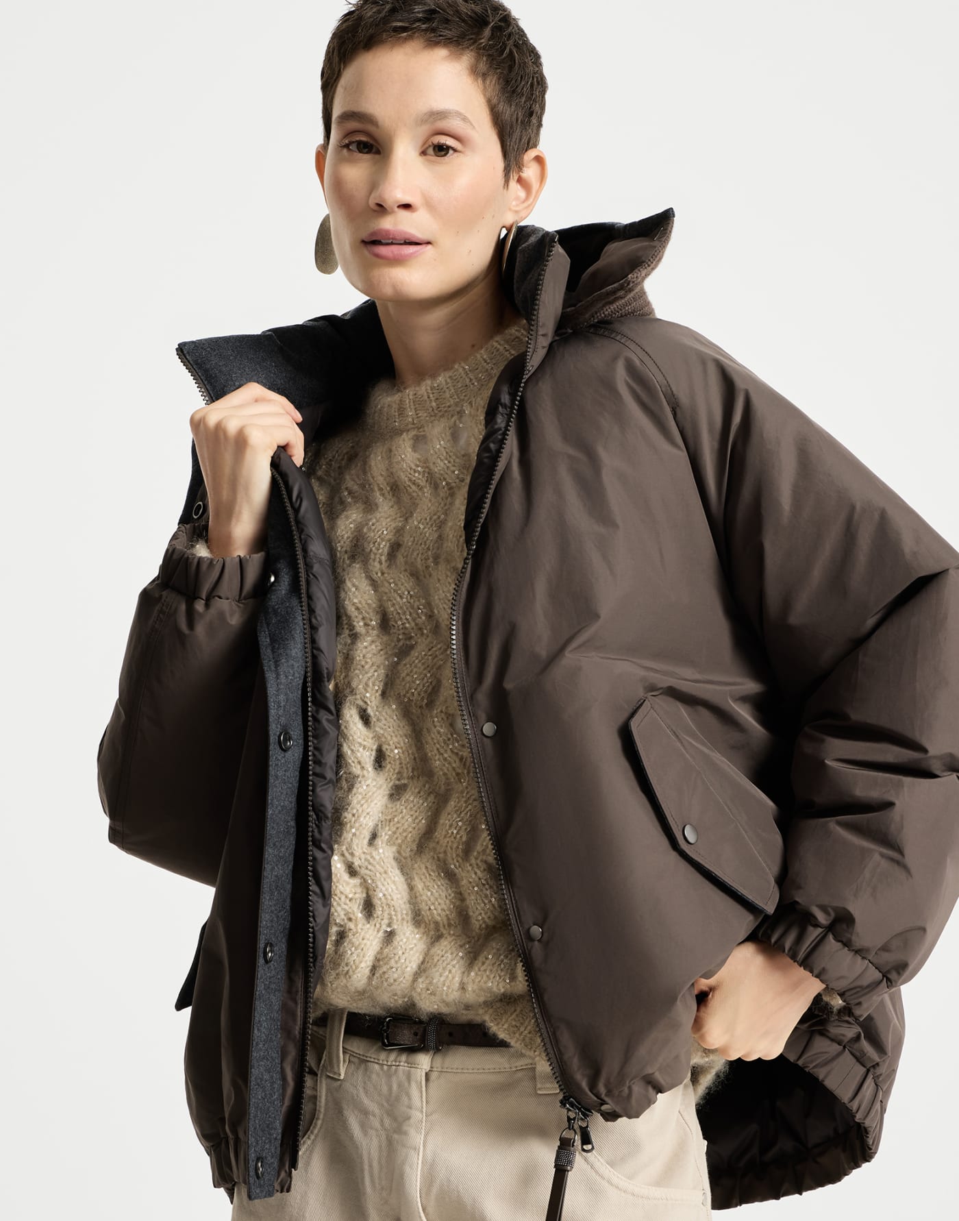 Hooded taffeta outerwear jacket Brown Woman - Brunello Cucinelli