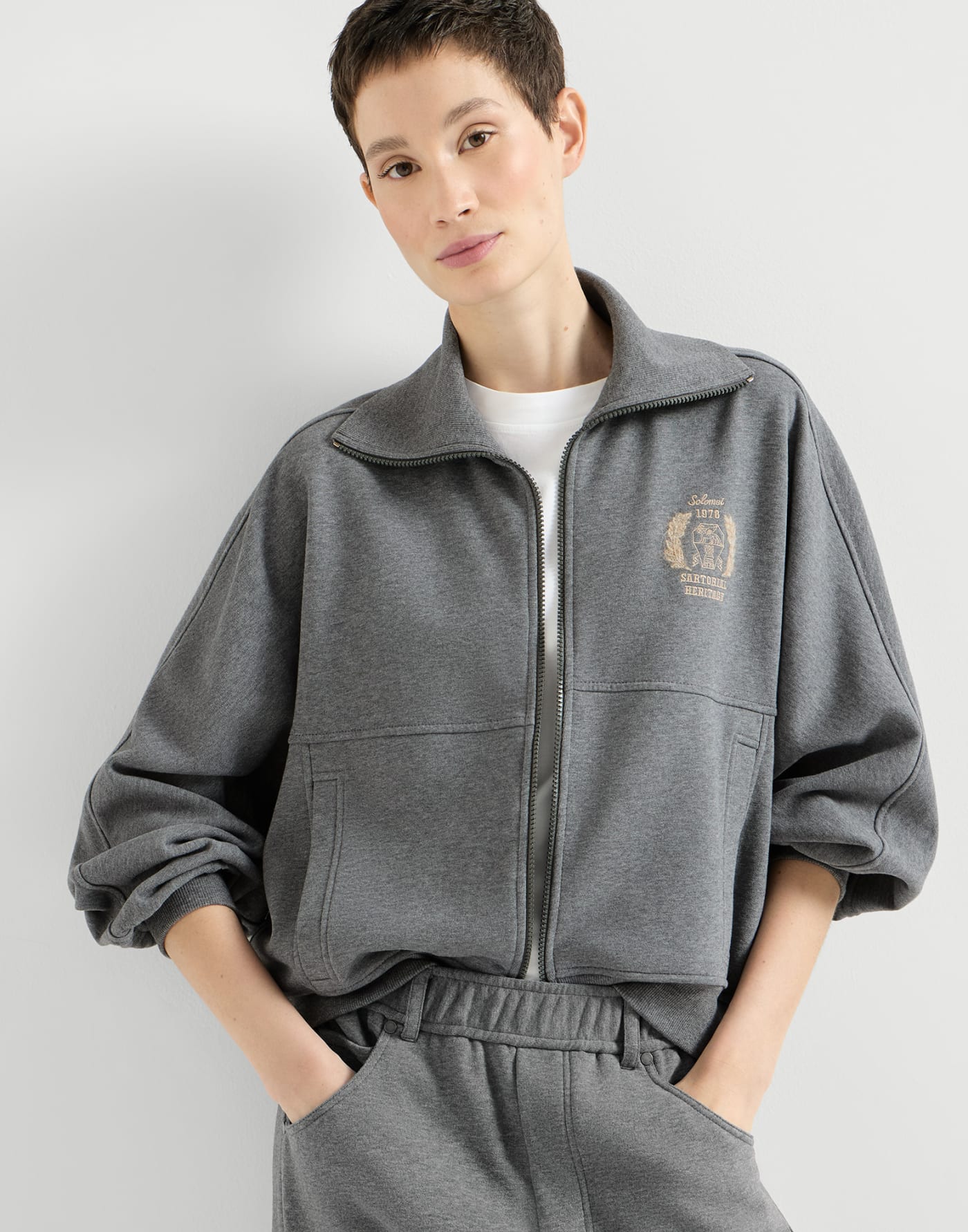 Smooth French terry sweatshirt with logo Dark Grey Woman - Brunello Cucinelli
