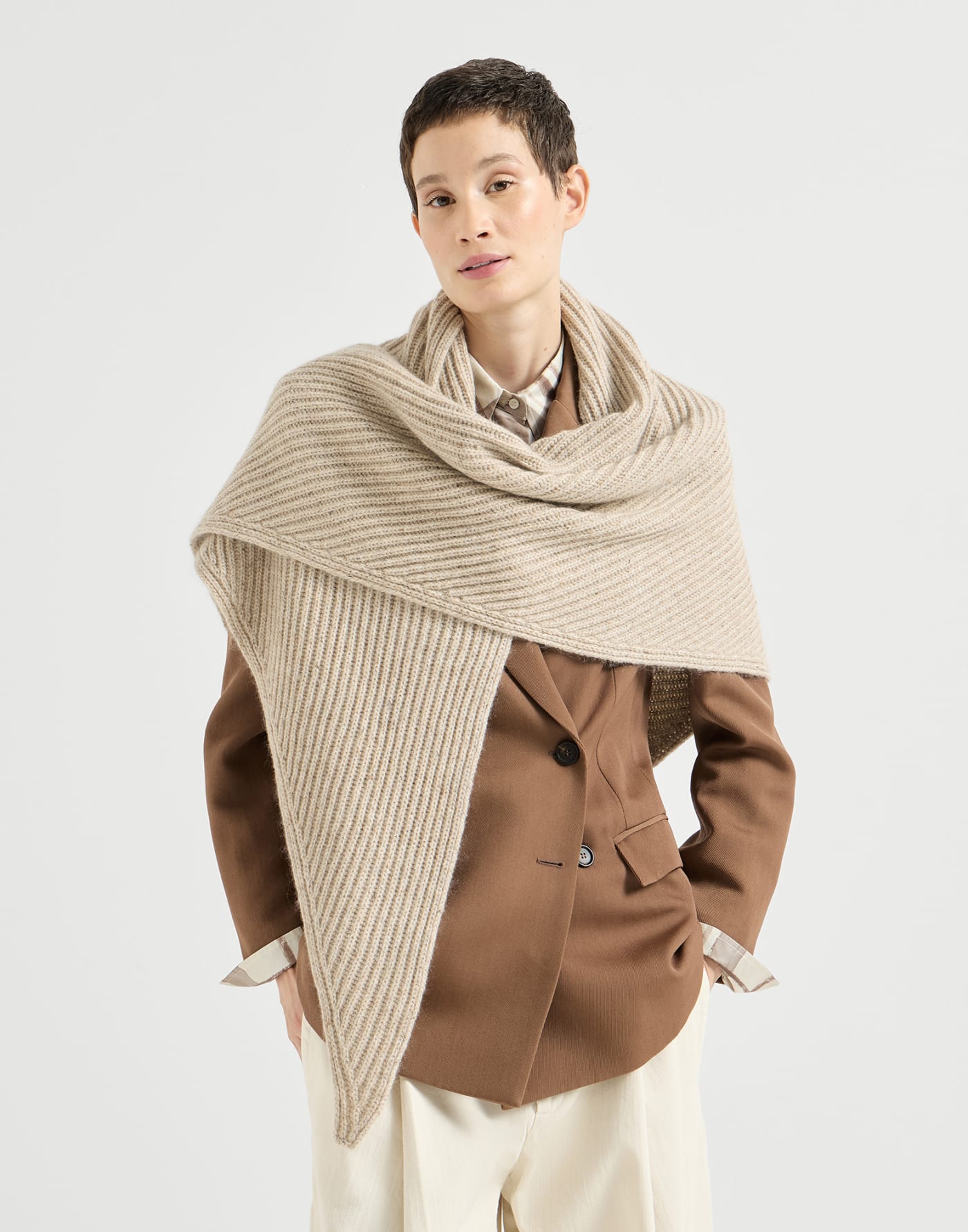 Sparkling rib knit scarf Ecru Woman - Brunello Cucinelli