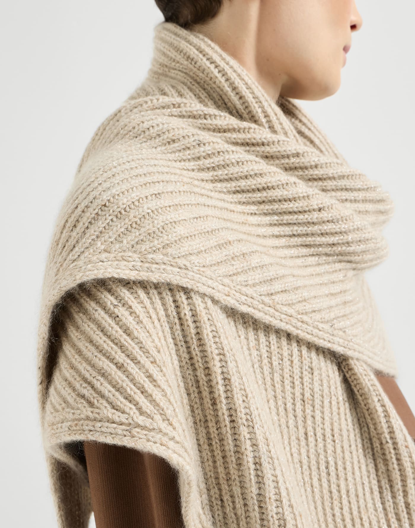 Sparkling rib knit scarf Ecru Woman - Brunello Cucinelli