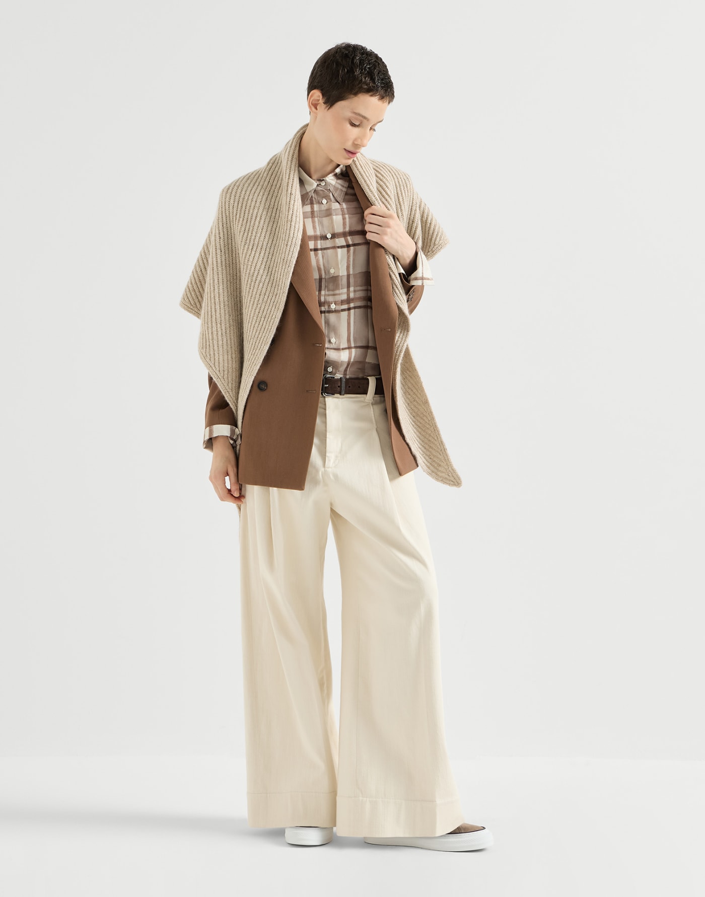 Sparkling rib knit scarf Ecru Woman - Brunello Cucinelli