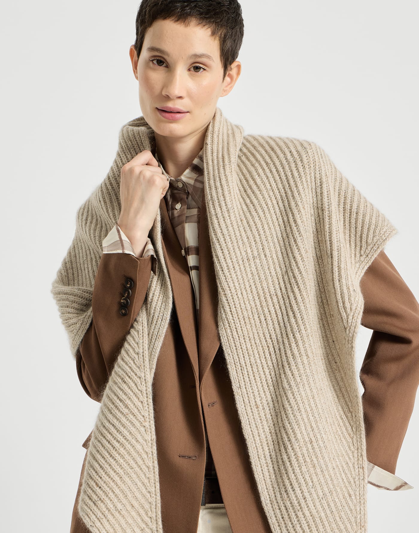 Sparkling rib knit scarf Ecru Woman - Brunello Cucinelli