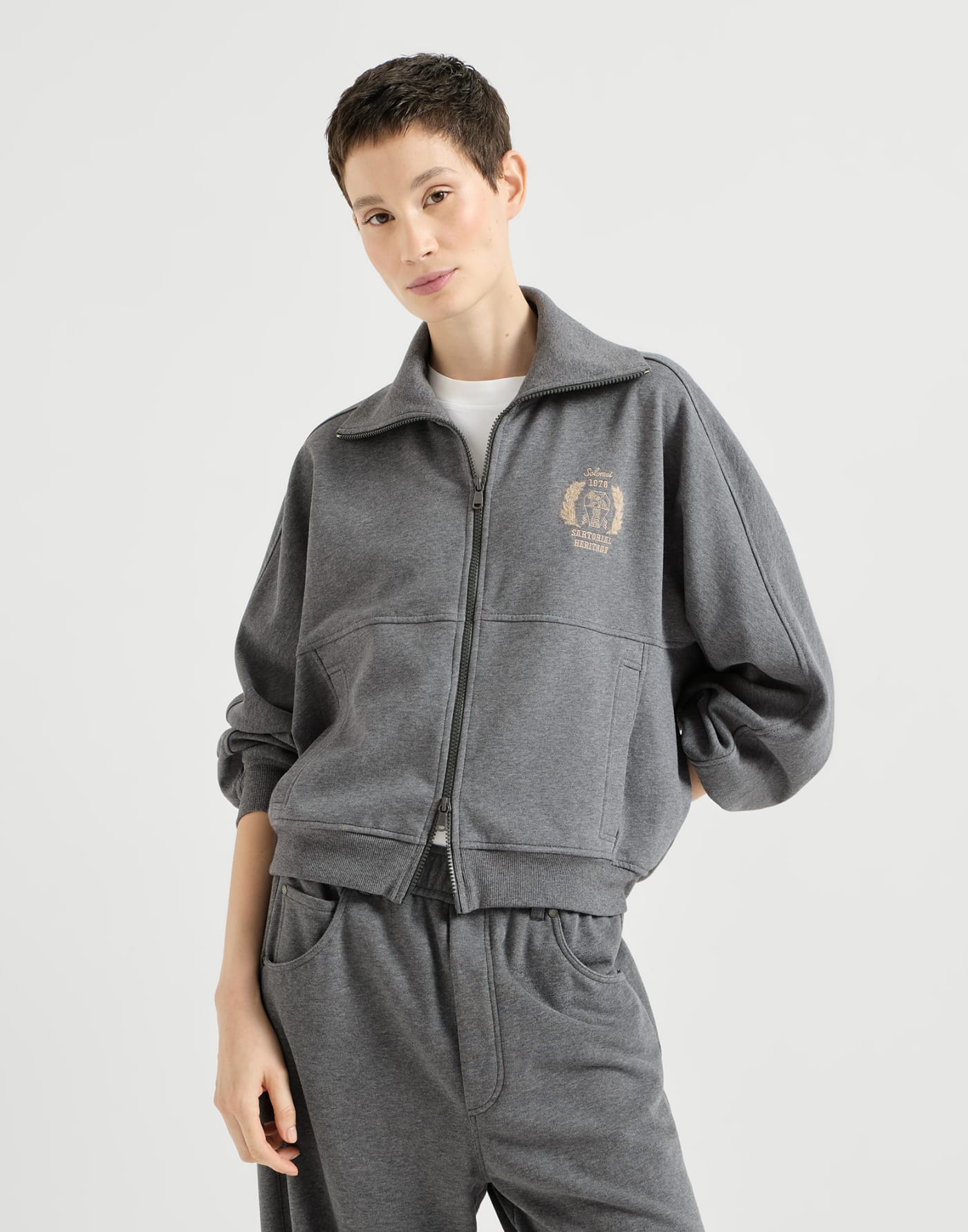 Smooth French terry sweatshirt with logo Dark Grey Woman - Brunello Cucinelli