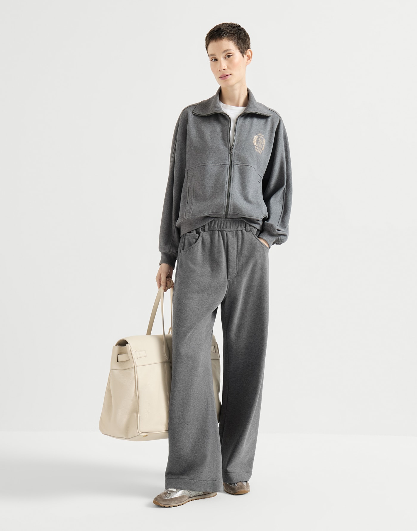 Smooth French terry sweatshirt with logo Dark Grey Woman - Brunello Cucinelli