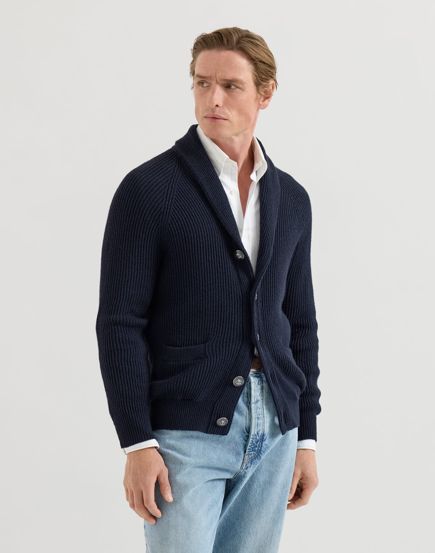 Malfilé cotton cardigan Navy Blue Man - Brunello Cucinelli
