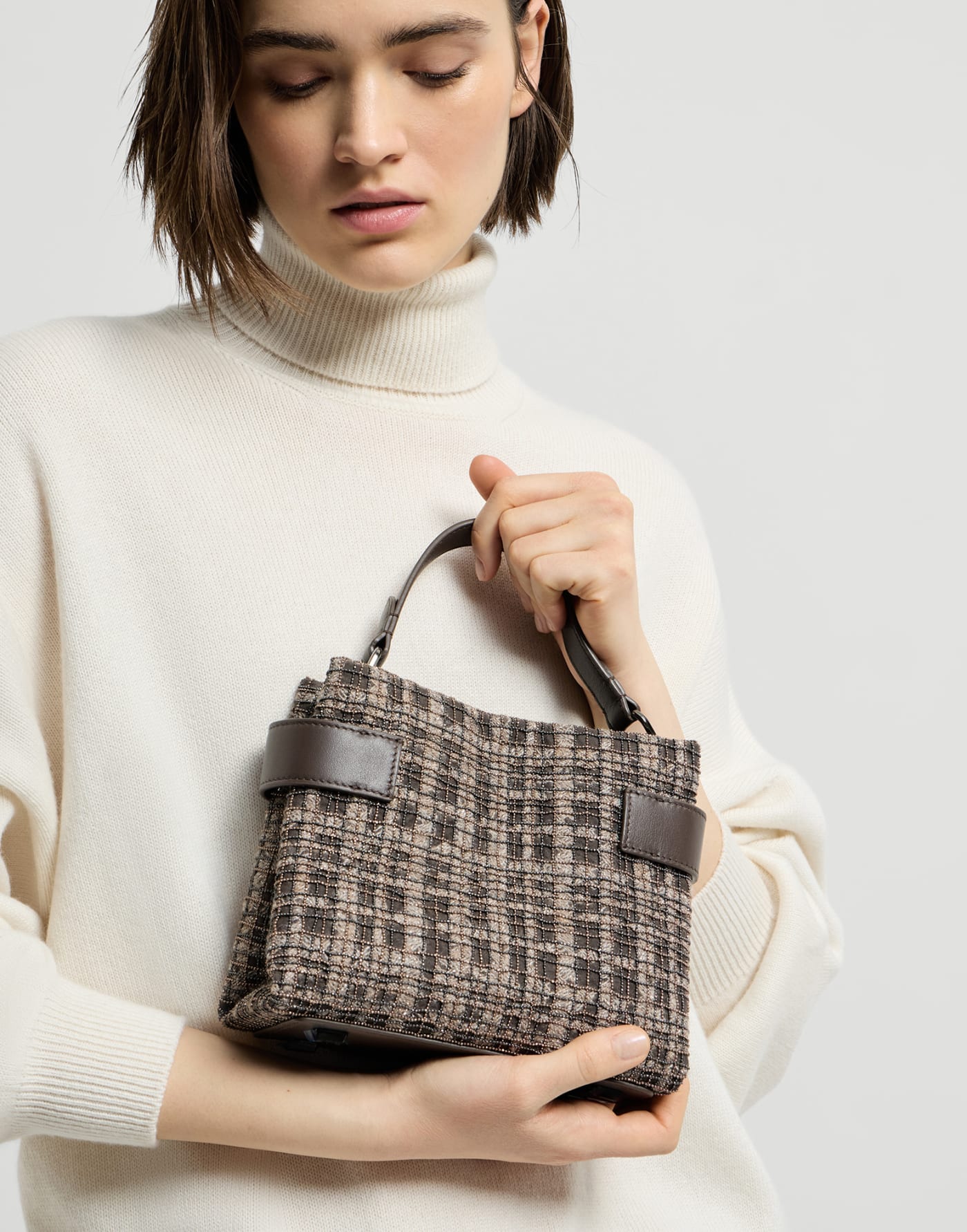 Essence small bag with check embroidery Brown Woman - Brunello Cucinelli