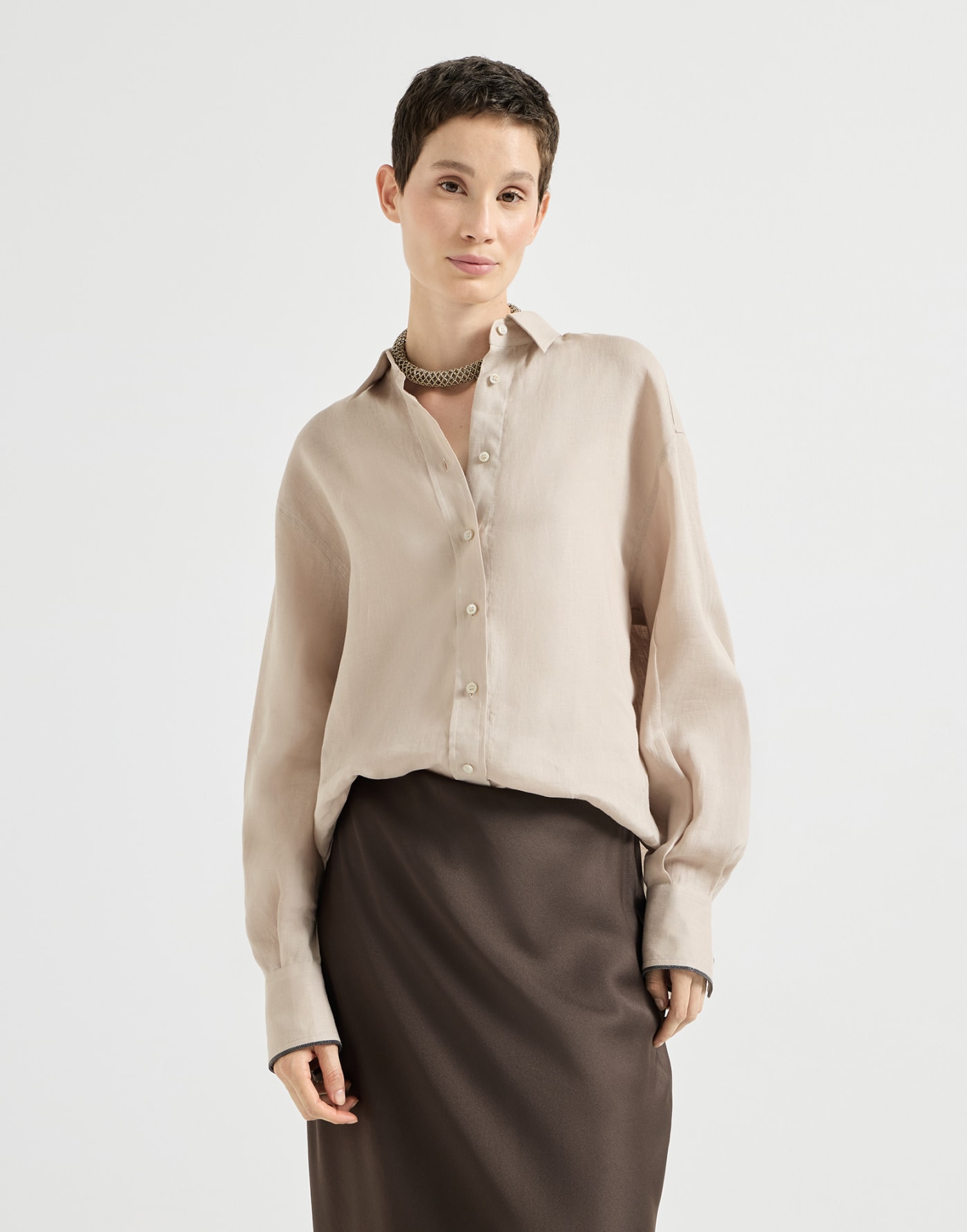 Linen shirt with monili Beige Woman - Brunello Cucinelli