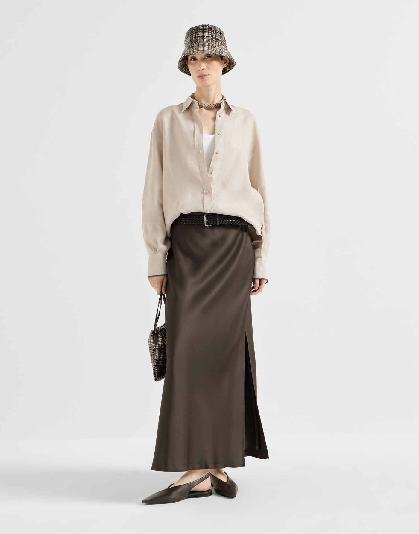 Linen shirt with monili Beige Woman - Brunello Cucinelli