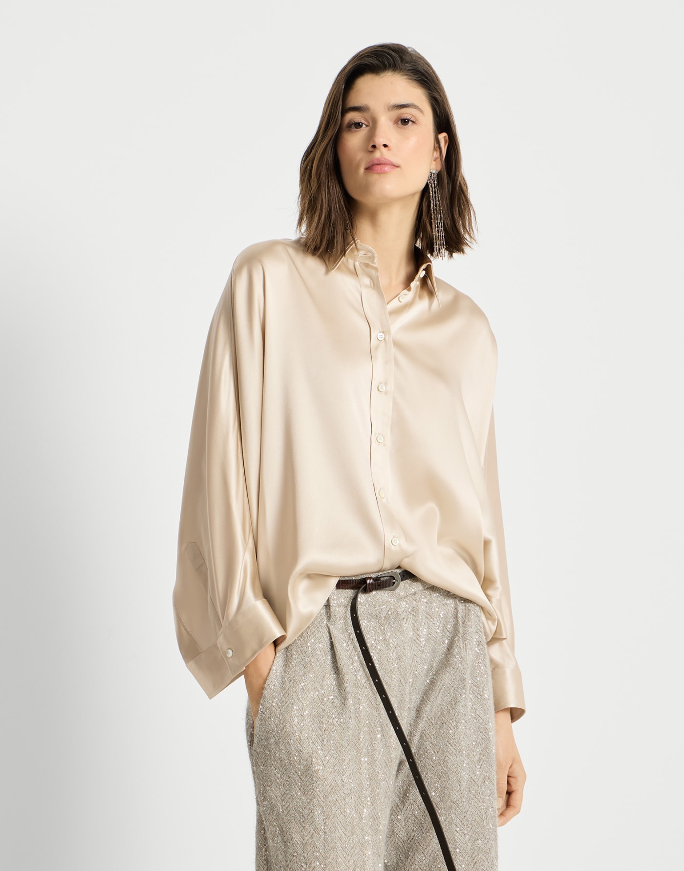 Stretch silk satin shirt Sand Woman - Brunello Cucinelli